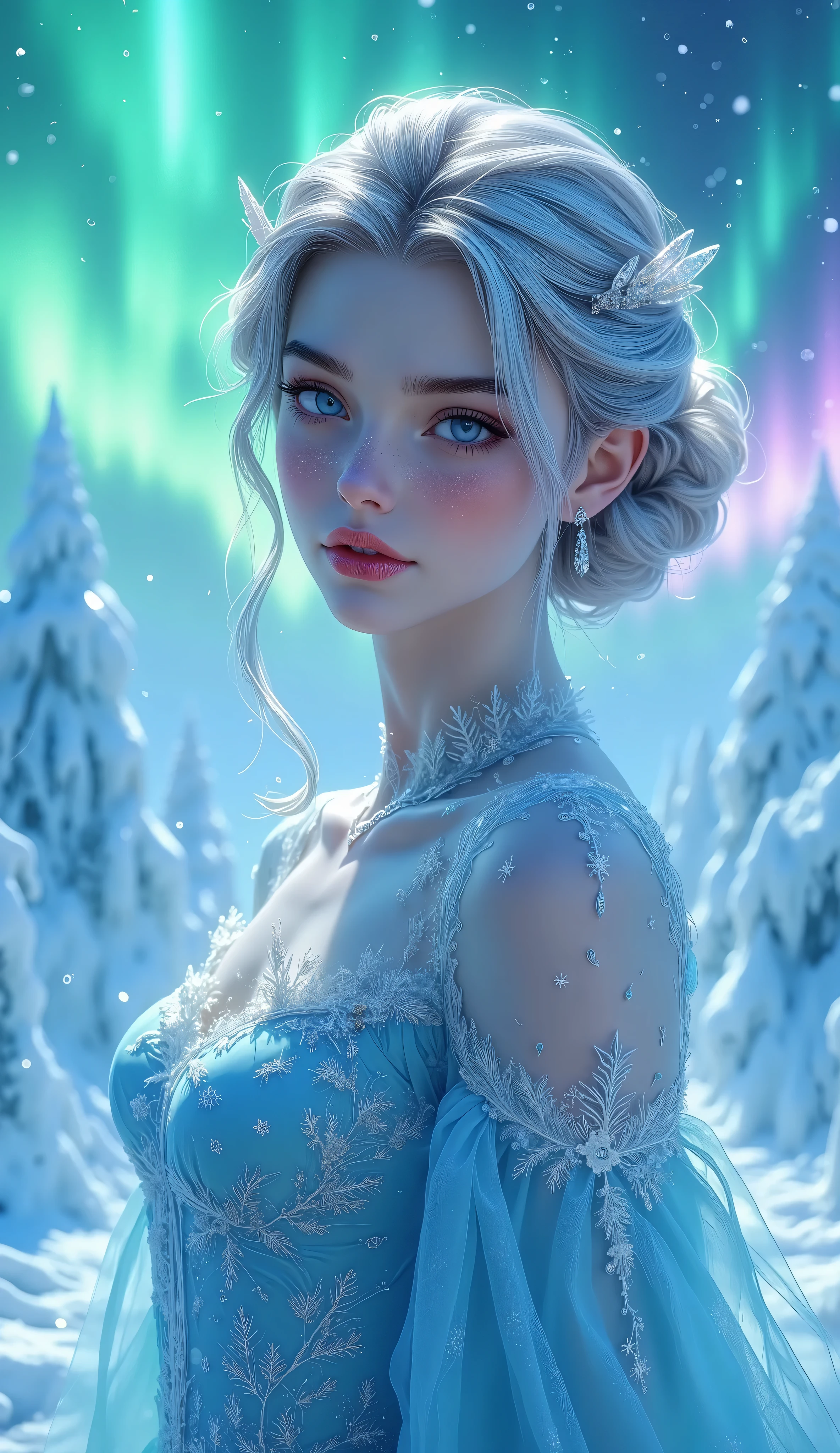 1girl, pale lavender hair, side-swept bun, gemstone hairpins, icy blue gown, snowflake embroidery, high lace collar, frozen palace, icicles, sparkling frost, aurora, vibrant sky, green and purple hues masterpiece, best quality, amazing quality, very aesthetic, absurdres, detailed eyes, newest, realistic, pinkenchantedmj,