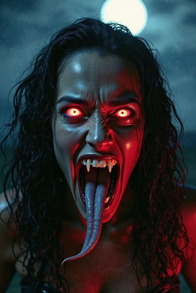 cinematic film still of  vampirella a vampire yellow eyes red lips long hair woman with fangs teeth staring at camera, shallow depth of field, vignette, highly detailed, high budget, bokeh, cinemascope, moody, epic, gorgeous, film grain, grainy