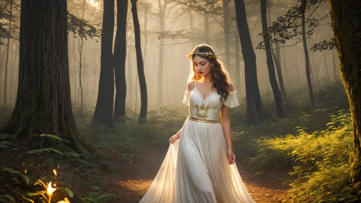 Queen, Druid, Woman, Linda, tails, doradas, white gown, forst, naturey, blue colored eyes, powers, mystic, long  hair, brown, Youngh