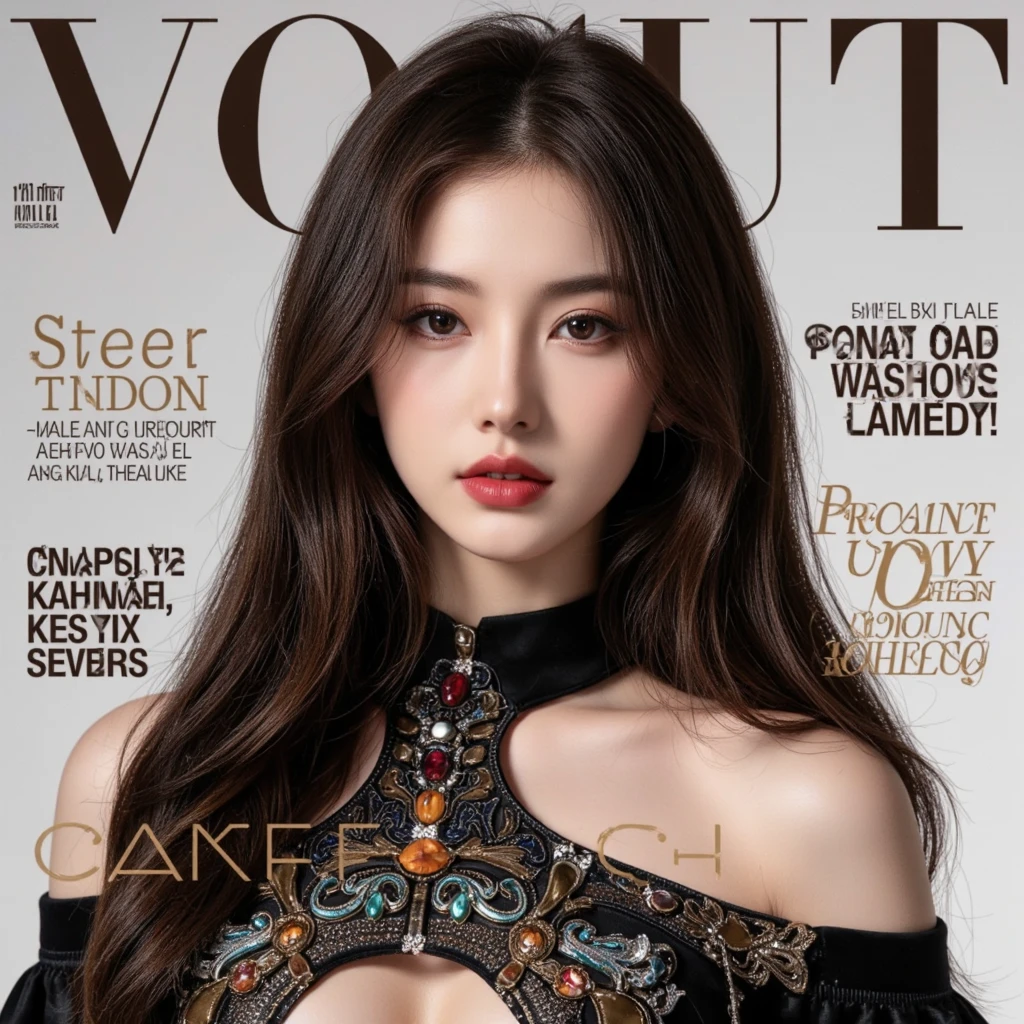 {{magazine cover}},(fashion magazine cover), 1girl, solo, long hair, looking at viewer, brown hair, brown eyes, jewelry, earrings, necklace, bracelet, lips, cover, ring, realistic, pearl necklace, magazine cover, green theme, casual, urban, upper body, fashionable,