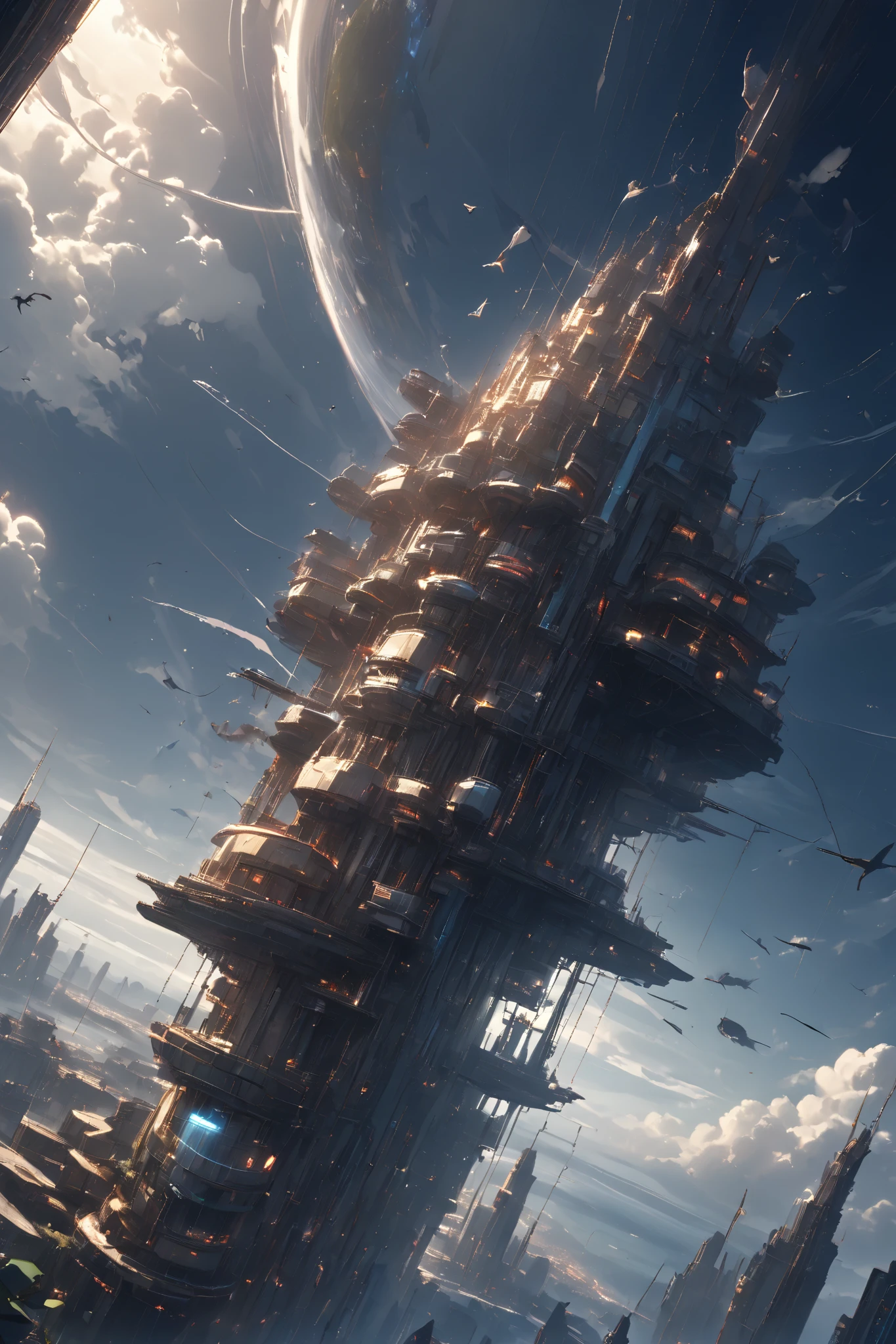 A hidden aerial city known only to birds、futuristic floating city,It consists of very complex parts、Water is pouring violently out of the city、Super Detail、 metallic texture 、light reflection、Intimidation、The little bird is circling gracefully、from below,dutch angle、dynamic composition、sea of clouds、Dark night sky、masterpiece、highest quality