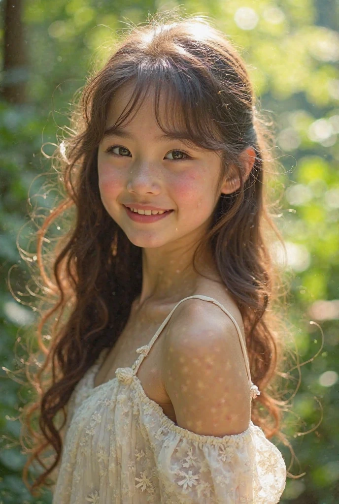 create a smiling girl with long hair, dark blonde, light brown skin, age 6 years old, disney style, in a garden with cute animals, playing with flowers