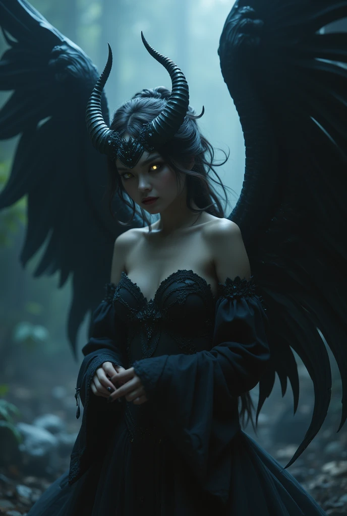 (best quality,4k,8k,highres,masterpiece:1.2),ultra-detailed,(realistic,photorealistic,photo-realistic:1.37),horror,demonic,red and black color scheme,glowing eyes,horns and fangs,ethereal presence,flowing dark hair,sharp and intricate claws,natural and eerie landscape,thin and transparent wings,hauntingly beautiful,ghostly aura,ominous atmosphere,dark and twisted trees,spooky mist,ominous moonlight,shadowy figures,ominous and mystical power,dark magic,otherworldly beauty,translucent and ethereal skin,ghostly whispers,peaceful yet haunting silence,creepy and surreal,enchanted and cursed,forbidden knowledge and secrets,otherworldly charms,distant echoes of haunting laughter,subtle hints of danger,never-ending darkness and gloom,eternal solitude,supernatural strength and powers,ethereal and graceful movements,alluring yet dangerous presence,mesmerizing and hypnotic gaze,temptation and seduction,eternal curse and torment,unearthly elegance,subtle and eerie sounds,twisted and swirling vortex of darkness,unseen and malevolent forces,distorted and fragmented reality,unhinged and tortured soul,supernatural realm and energy,demonic rituals and symbols,haunting notion of eternity.