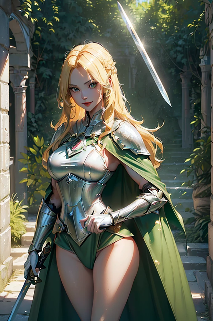 Muscular woman with blonde hair with braids, (medieval punk green neckline armor). Bright chrome gold lingerie with sharp reflections. Gems. Bare shoulders. (Red hat). Muscle definition. Beautiful, shapely legs. Shoulders turned visible. Detailed lighting. Artwork. Extreme beauty. Clothing with intense colored gradient effect. Professional image with high saturation. Professional camera. Illustration. Vibrant colors.