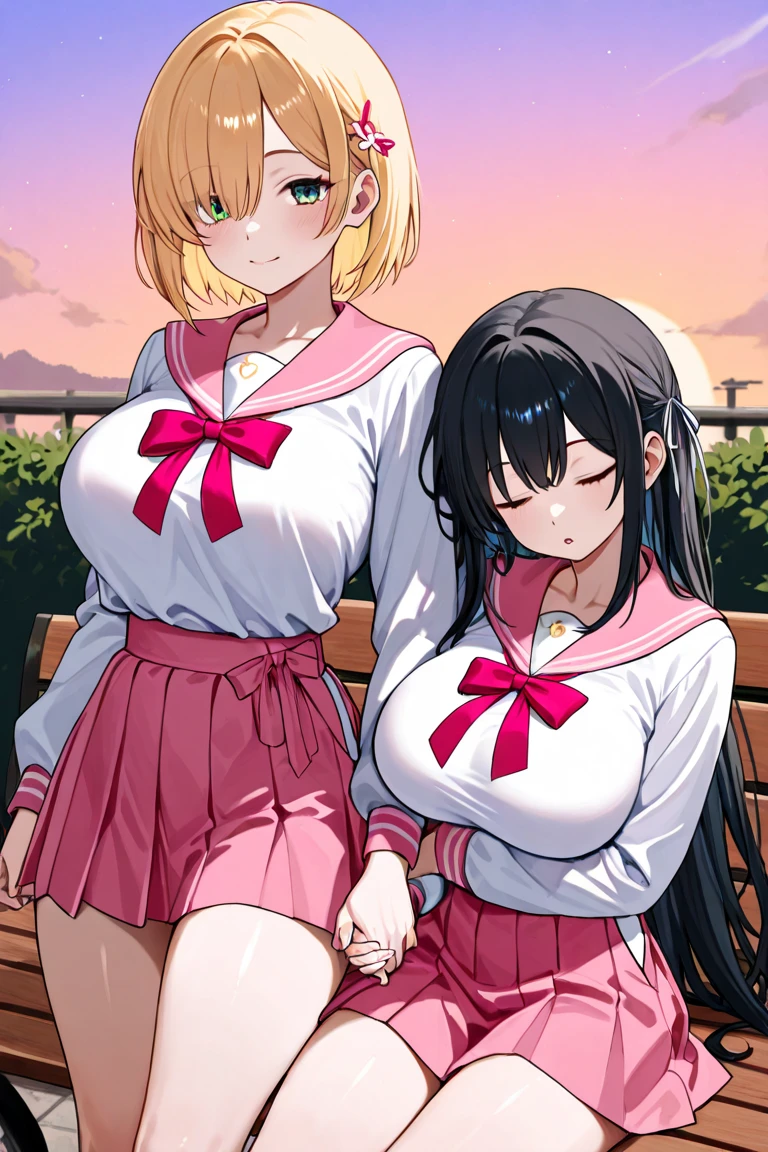  two girls（long hair、 blond hair（1 ribbon on the left and right）、Big Breasts、 green eyes、Fleeting、 Sleep 、Lean on your shoulders  、peace of mind、peace）、（short hair、   black hair、 small 、 blue eyes、Also々Shii、like ）、Under the sunset sky 、  holding hands 、 wearing a pale pink sailor suit and hakama（ red miniskirt ）、 Shoulder to Shoulder  、Sleeping face、  bench