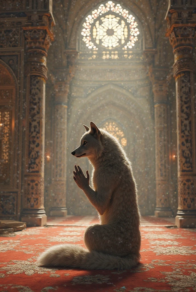 solo, male, anthro, (coyote), by seyorrol, digitigrade, digital artwork, (flat colors:1.2), ((detailed background)), (perfect hands), intricate detailed background, powerful silhouette, mysterious shadows, realistic shading, (epic, masterpiece, high quality, 8k, ultra HD, absurd res, top quality, best quality, max quality, masterpiece), loincloth, ((sexy, ((feminine body)))), kneeling, looking upward, chin up, (tail:1.2), dusk, closed eyes,