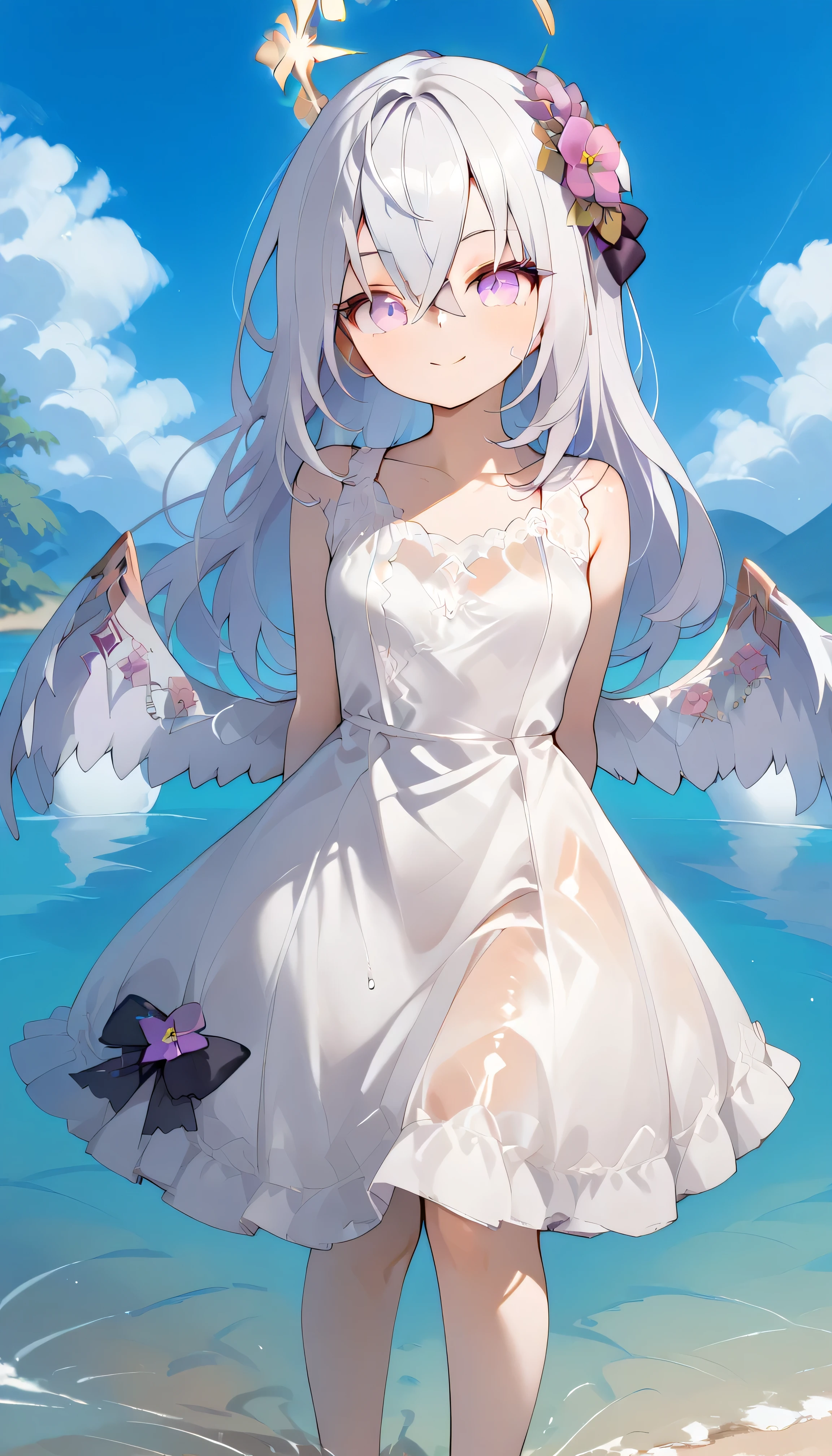 Azusa (blue archive),purple eyes,white hair,long hair,Wings,hair flower,halo, Alone, showing eyebrows from inside the hair , hair between their eyes, viewers, masterpiece, highest quality, hud_s1lk_ngwn, sleeveless white dress, lace trim, breasts Outdoors sea water splashes blue sky mini skirt smile Low neck tight size Curtsey straw hat arms behind back see-through wet