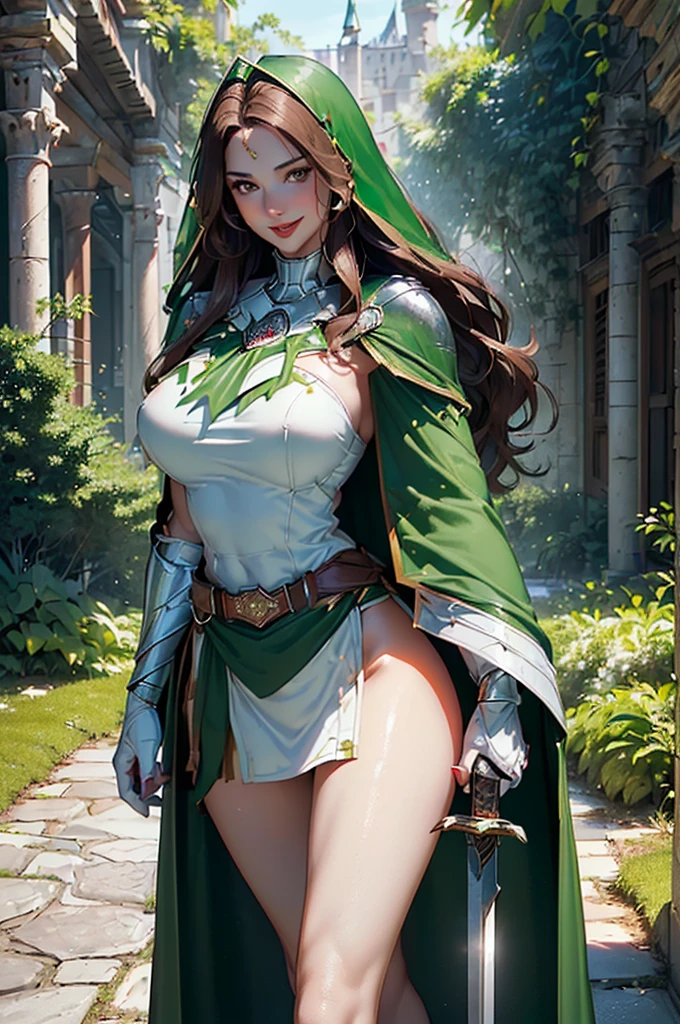 Brown hair in a ponytail, a slender Yrliet-like woman in Aeldari elven armor, wearing a green cloak, sci-fi style, in a deep green summer forest, facing forward, girl in the center, eyes staring straight ahead, nude, legs in an M-shape, bed