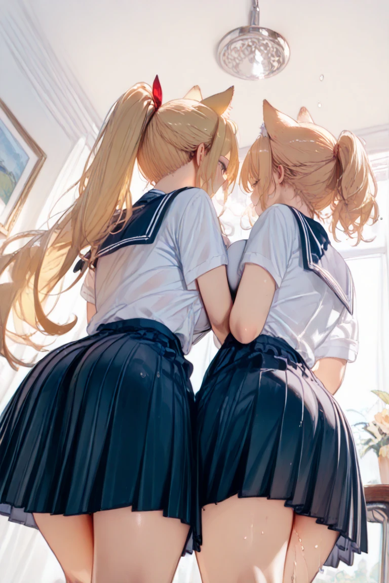 golden hair、Beautiful young woman、Gorgeous full nude、twin tail hairstyle、Big hair ornament with yellow ribbon、I can see the anus！、I can see the anus！！