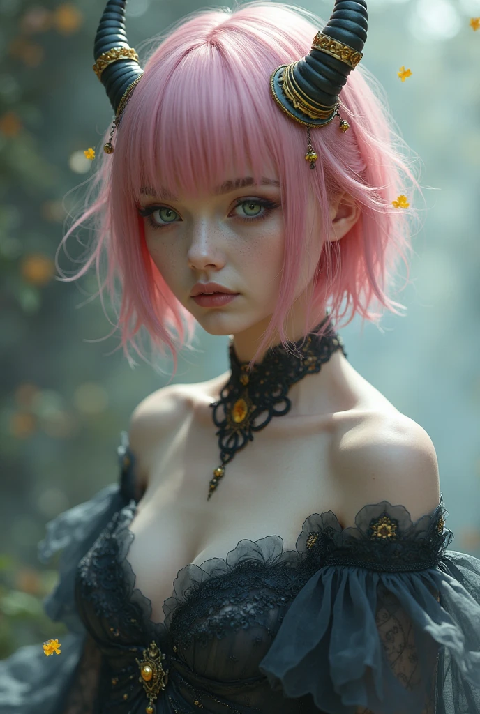 (best quality,4k,8k,highres,masterpiece:1.2),pink hair,Asymmetrical Shorthair,beautiful big breasts,girl's eyes are beautifully detailed and expressive,girl's lips are beautifully detailed,ultra-detailed,realistic,colorful and vibrant,soft natural lighting。花の絨毯。