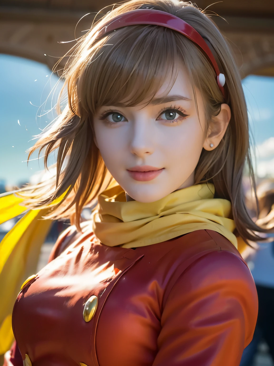 1girl, Alone, (cute french girl), 18yo, Young female, Low Height, slim body, (smile:1.2), Looking at camera,
break
(close up:1.3), (portrait:1.2), Dynamic Poses,
break
Professional photo-realistic images, (16k, RAW photo, best quality, masterpiece:1.2), (realistic, photo-realistic:1.4), (extremely detailed 8k wallpaper), sharp focus, depth of field, blur background, bokeh, cinematic lighting, soft light, High resolution 16k close-up of human skin,
break
perfectly round breasts,
break
FrancoiseArnoul, blond hair, medium hair, red hairband, ((red uniform)), long sleeves, belt, red pants, black boots, yellow scarf,
break
arafed view of a street with a arch and a sky background, arc de triomphe full of graffiti, traveling in france, by Etienne Delessert, arc, beautiful high resolution, paris, paris city, the city of paris, paris background, france, fine art piece, by Raphaël Collin, by Bernard D’Andrea