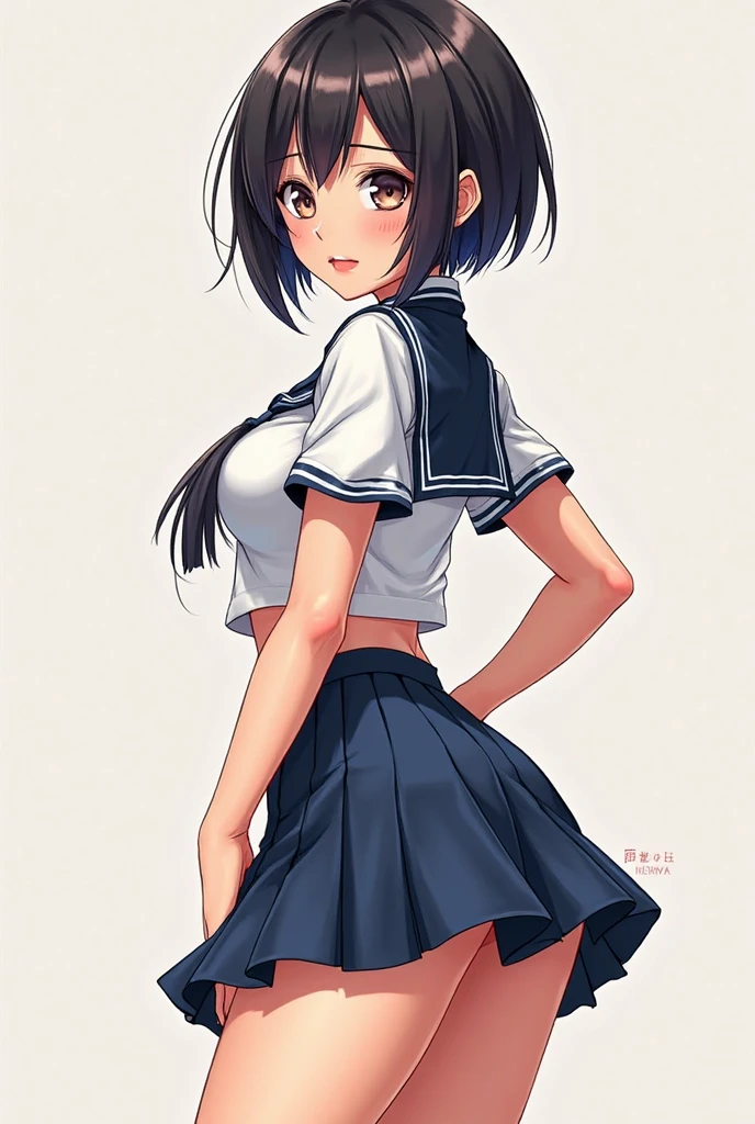 (masterpiece, best quality:1.2), front shot, beautiful 1girl, (super big breasts, micro waist, very long legs:1.4), Black hair, short bob hair, short height, scrawny and thin body, (retraction of abdomen:2), Light Skin, cute big eyes, cute beautiful thin face, forced smile, Modest, serafuku, mini skirt, pigeon-toed, V sign, Long and thin navel, (beautiful visible ribs:1.2), (Arched back, wet and sweaty, Trembling)