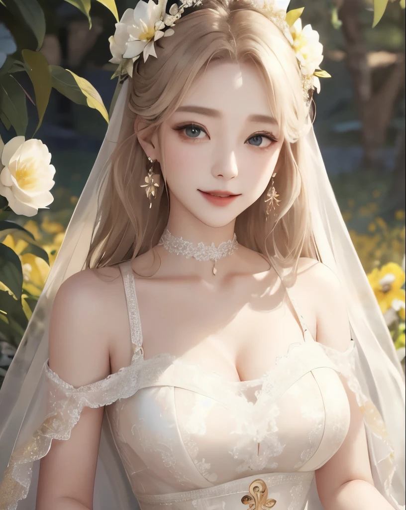 Super detailed、highest quality、masterpiece、
vivid、beautiful girl、Wide double eyelids、Big eyes、Japanese、Sepia eyes、Long Hair、Blonde、Flower Field、Daytime、bright、vivid、Princess、princess、goddess、clear、bride、Wedding dress、race、((organdy))、choker、Earrings、tiara、Natural smile