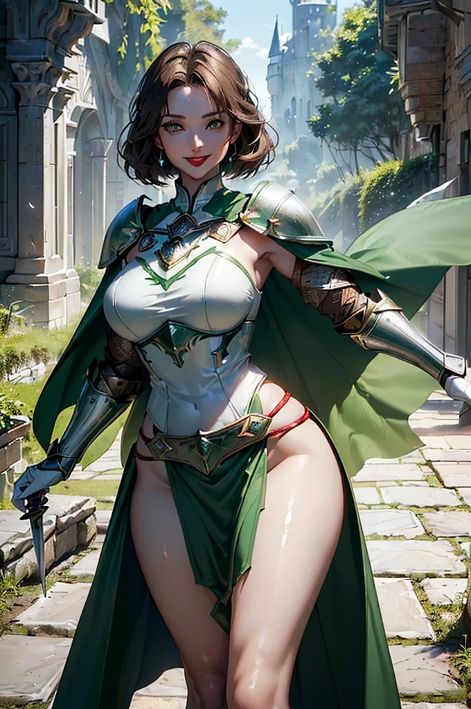 (masterpiece, best quality, cinematic, photorealistic, ultra-detailed), (1girl, female knight), (wide shot, full body, from behind:1.4), (wearing golden armor with an accent of emerald green, wearing green cafe, wearing green gloves and boots:1.5), (wearing emerald green top and bottom bikini:1.4), (sleek black hair, with bangs:1.2), perfect hands, perfect face, (large cleavage), (seductive pose:1.2), (hazel eyes, soft and shimmery eyeshadows, detailed pupils, defined eyelashes), (blushing, slightly parted lips, cherry lips:1.2), standing, (gradient background)