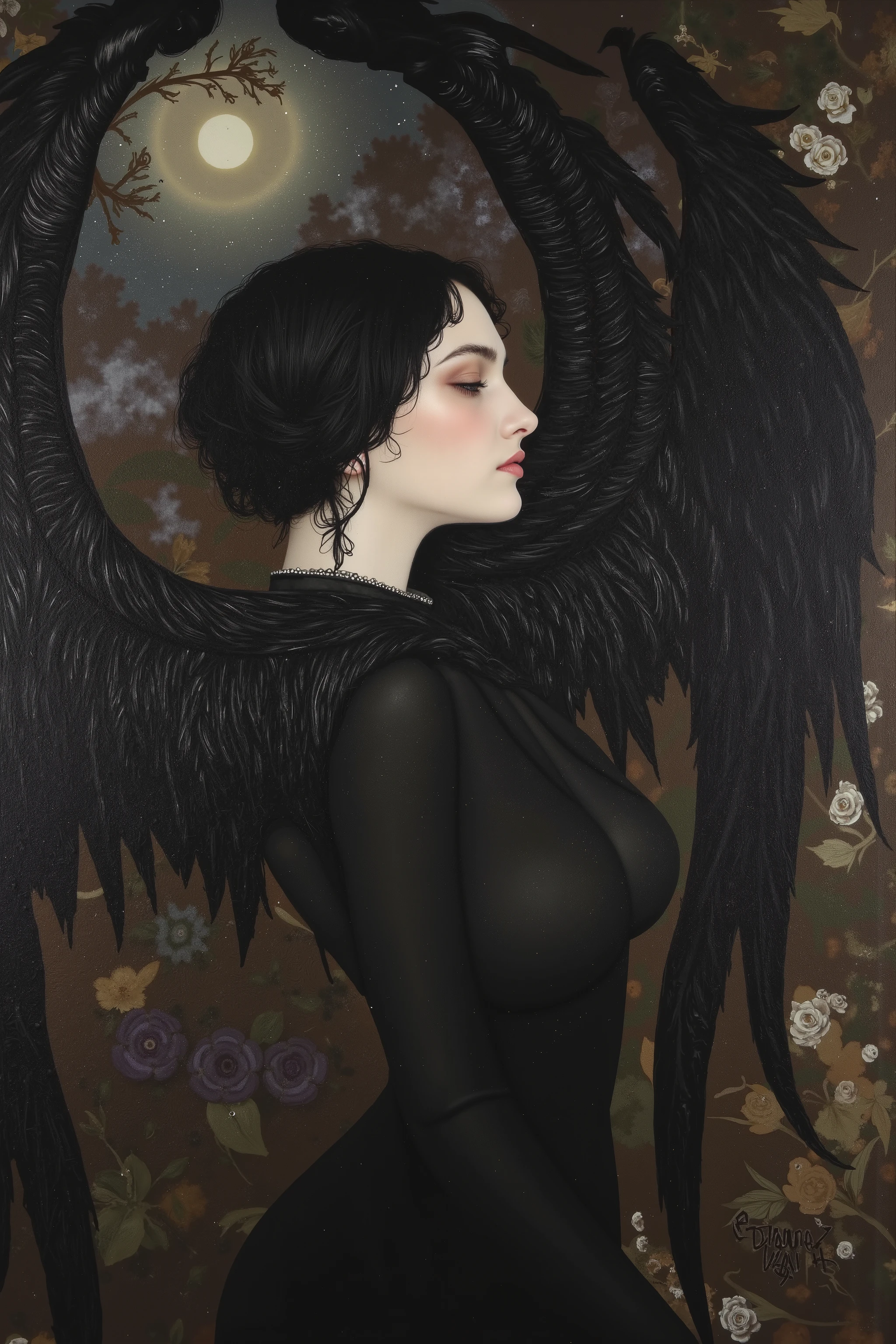 side view,dynamic pose,dynamic angle,very beautiful face,black wing,sexy,feminine,dark fantasy,(closed eyes),forest,moon,starry sky,dark atmospheric,oil painting, portrait,at night