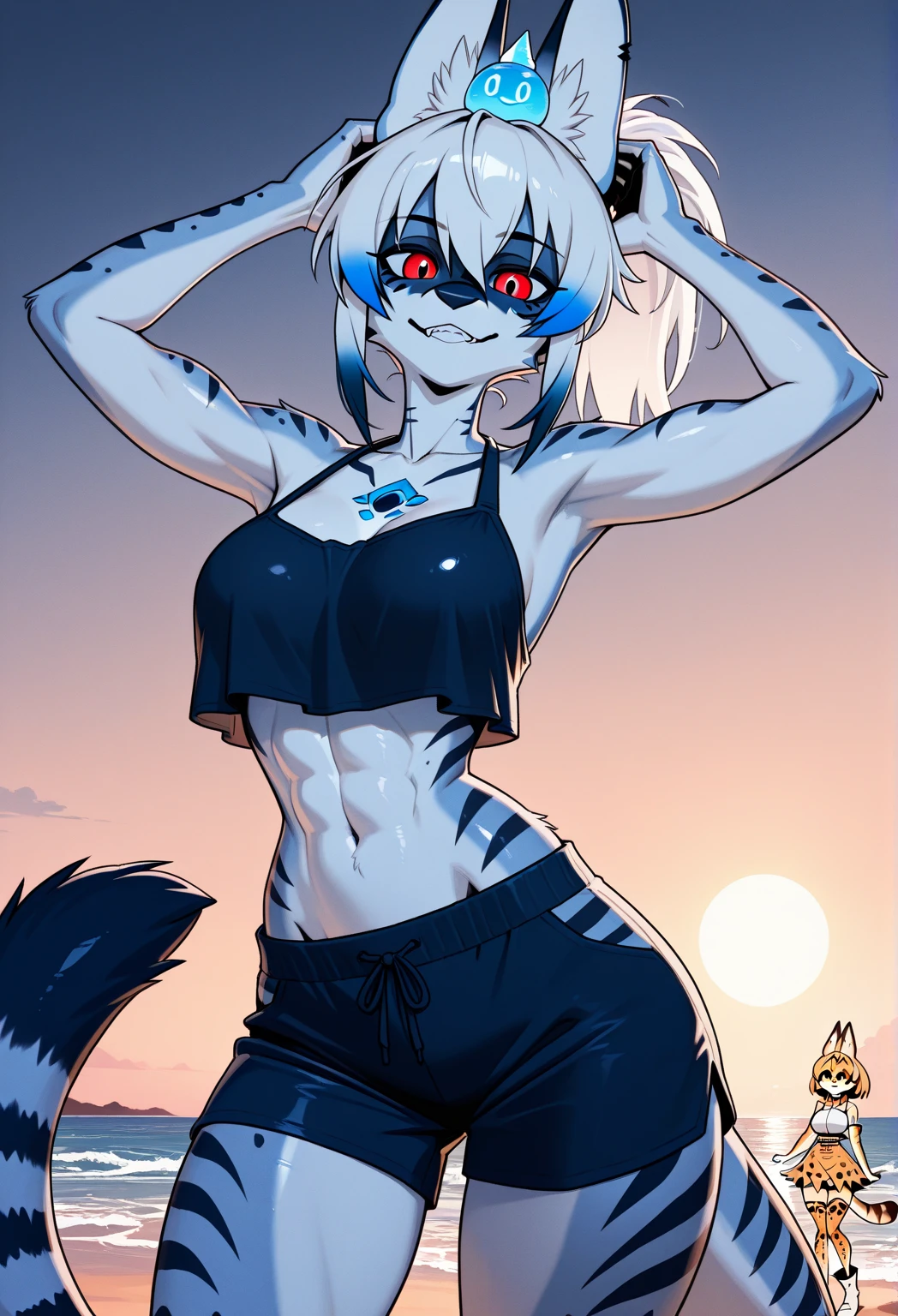 ((Absol)), anthropomorphic, large breasts, big butt, pokemorph, (((1girl))), (((darke blue bikini top with white stripes))), (dark blue bikini bottoms with white stripes), (black Hawaiian shirt), (dark blue sandals), full body, cute and sexy, white skin, (half frame sunglasses), long slender legs, smiling