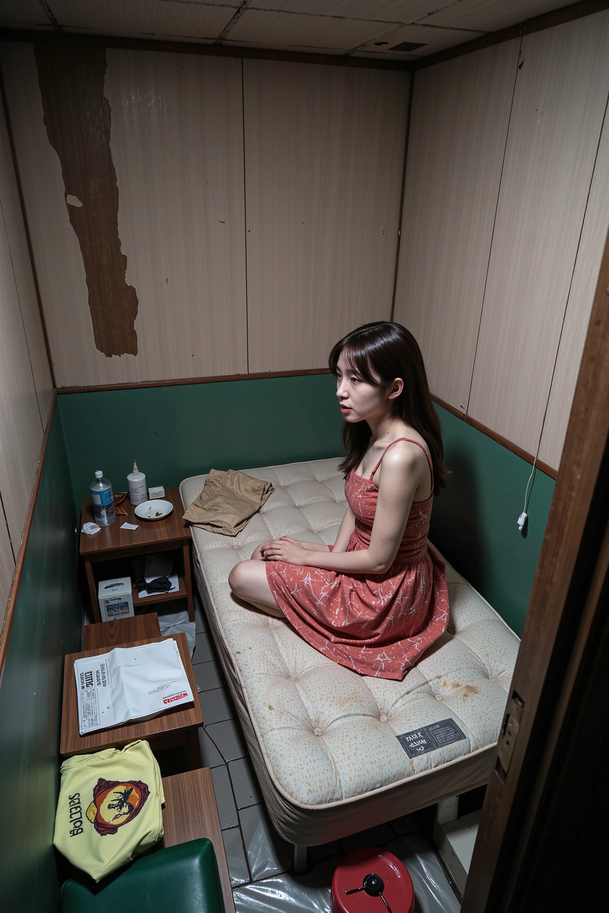 NSFW,
Clear photo,
Photo taken by a professional photojournalist,
Photographed in a dimly lit room using a flash,
Photographed from the front of the girl,
Photographed from above the girl,
Photographed with a wide-angle lens,
ung girl,
Young Korean girl,
The girl is sitting on a mattress and looking at the customers who come in,
The girl is wearing a lewd dress,
The girl is 100% lewd,
Dirty clothes,
Very dirty,
Tattered clothes,
The girl is a former idol and now the cheapest prostitute in the slums,
A room in a shack in a slum in Seoul,
The floor is covered with plastic sheets,
A very dirty and thin single mattress is laid on the plastic sheet floor,
A small room that is just big enough for one person to sleep in,
The ceiling in the room is very low,
(There are no windows in the room),
The room is very dirty,
The wallpaper is torn,
There are traces of rainwater leaking,
The floor is littered with garbage,
There is no furniture that looks like furniture,
The girl's clothes and daily necessities that look like garbage are scattered around,
The girl lives in this room,
The girl is prostituting herself here,