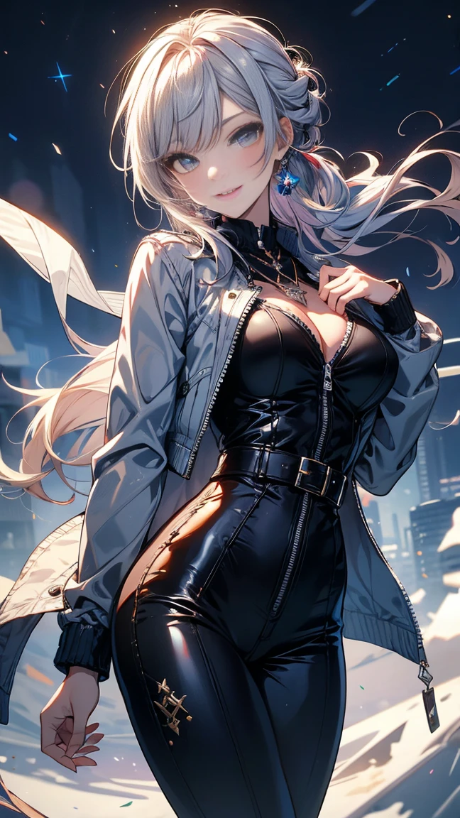 ((A young woman wears a sexy white dress:1.3, cable cardigan:1.3, close-up of chest:1.37, sexually seductive:1.3)), Mature woman with long hair and white dress, white military uniform, red ribbon, Knee-length boots, green eyes, White hair, green inside, full body, great details, beautiful anime illustrations, 26 years old, Take a break, ((milf:1.5, alone:1.5)), (NRF:1.25), (Sagging breasts, refuge chest, big , Thin waist, big ass:1.2), Increase sexiness, (Ultra high resolution, ภาพถ่าย RAW 8k, Realistic picture, Thin outline:1.3, Focus clearly, best quality, natural light, Textile shading, clear background, depth of field, (Bright pupils:1.2, Beautiful, detailed eyes with highlights.:1.3, Highly detailed eyes, Highly detailed face), red lips, Good realistic skin:1.1, look at the audience:1.3, (Dynamic angle:1.3, Focus Target:1.3, from below:1.4), (Many poses:0.0, sexy pose:1.3, นั่ง with opening legs shaped M:1.5), (charming, Smile sexy too.:1.4), The picture in the middle:0.2, (Wearing a long blue coat, translucent lace stockings), (((correct anatomy:1.5))), ((perfect hand:1.5, Ideal body proportions:1.37))