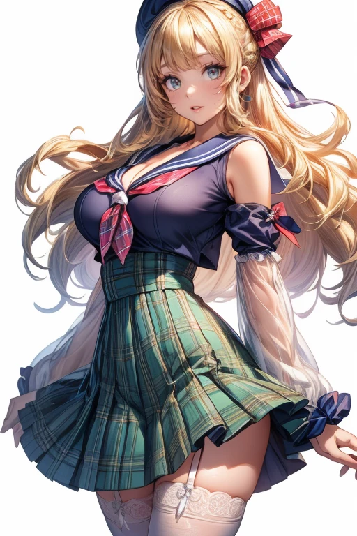 (cowboy shot: 1.5), (white background, simple background: 1.5), (masterpiece:1.5), (big breasts: 1.5), (1 girl: 1.5), young woman, (Beautiful Girl:1.5), (extremely detailed and delicate anime face and eyes:1.5), whole body, (natural light, HDR, extremely details CG:1.3), (dynamic posture: 1.3), {correct body anatomy}, (wide hips: 1.3), (perfect hands: 1.5), single focus, toned body, Beautiful Lips, thick lips, {surreal}, {correct posture}, {minutes details}, {detailed body}, {detailed clothing}, (Bright Eyes: 1.3), (cleavage: 1.3), {accessories}, {sexy}, (Gyaru: 1.5), Gal, (school uniform: 1.5), high school student outfit, (blouse: 1.5), short skirt, (pleated short skirt: 1.3), miniskirt, (plaid skirt: 1.5), (legwear: 1.5), (white legwear: 1.5), loose pointe shoes, earrings, (ear piercing: 1.3), hoop earring, hairclip, jewelry, (hair ornament: 1.3), (bracelet: 1.5), too many accessories, (ring: 1.5), (eyeshadow: 1.5), flawless makeup, (ribbon tie: 1.5), lace collar with tie, (scrunchie: 1.5), (happy look: 1.5), (light smile: 1.3), (extra long hair: 1.5), (multicolored hair: 1.5), (gradient hair: 1.5), (two-tone hair: 1.5), (blonde hair with green and pink streaks: 1.5), (blonde hair: 1.5), (green and pink streaks: 1.3), (permed hair: 1.5), (two side up: 1.5), (wavy hair: 1.5), (nape hair: 1.5), glowing hair, (ahoge: 1.5), (bright blue eyes: 1.3),