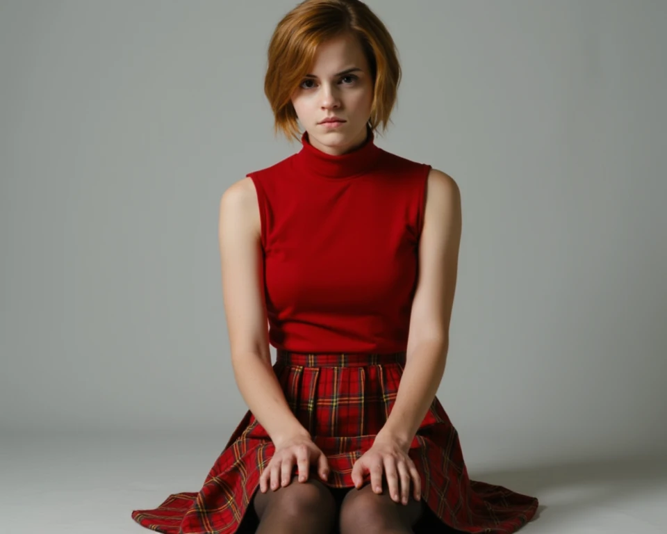 Teen movie scene,Women,protagonist,16 years old,hopeful face,blue eyes,short hairstyle,reddish hair with white gray,, with skirt, visible panties, sitting, sexy,