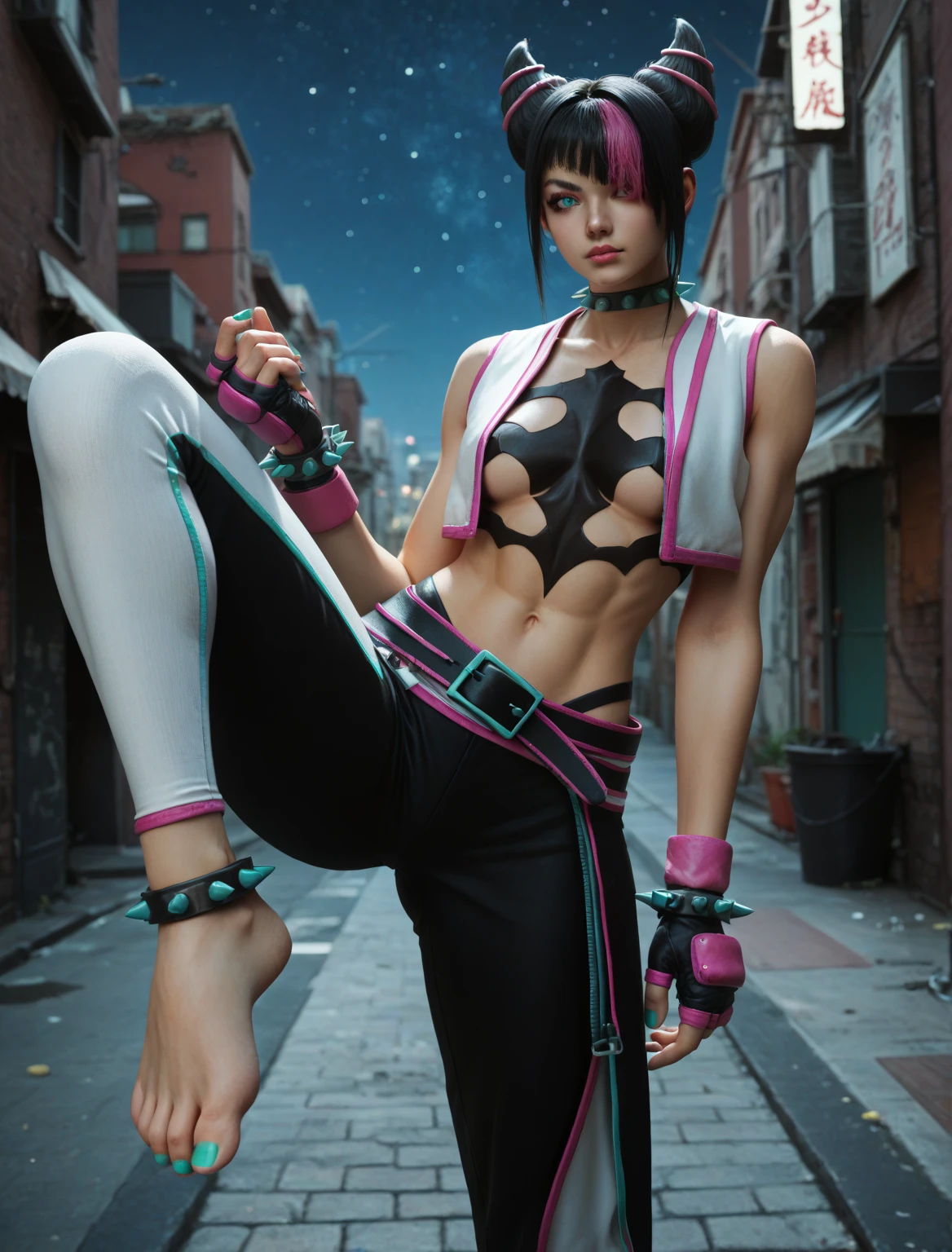short black hair, with slightly messy bangs.  Dark, penetrating brown eyes.  Thin and marked build.  She wears torn black shorts, blue tennis shoes, and a pink navel blouse with straps. He has an axe in his right hand and a backpack on his back. Busty. 