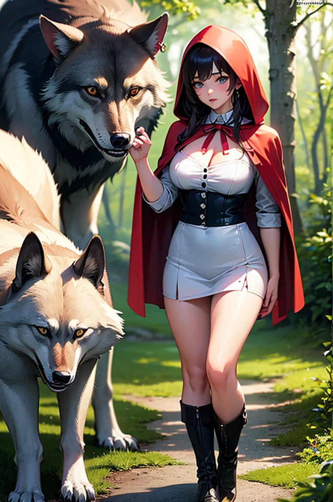nsfw, top quality, best quality, High-quality illustrations, masterpiece, super high resolution(super cute girl, wolf, lovers, zoophilia, Mating, pussy sex from behind)Little Red Riding Hood, forest, girl, undressing, open Clothes, absurdres, perfect anatomy, tomogao, good lighting, red blush, cinematic shadow,