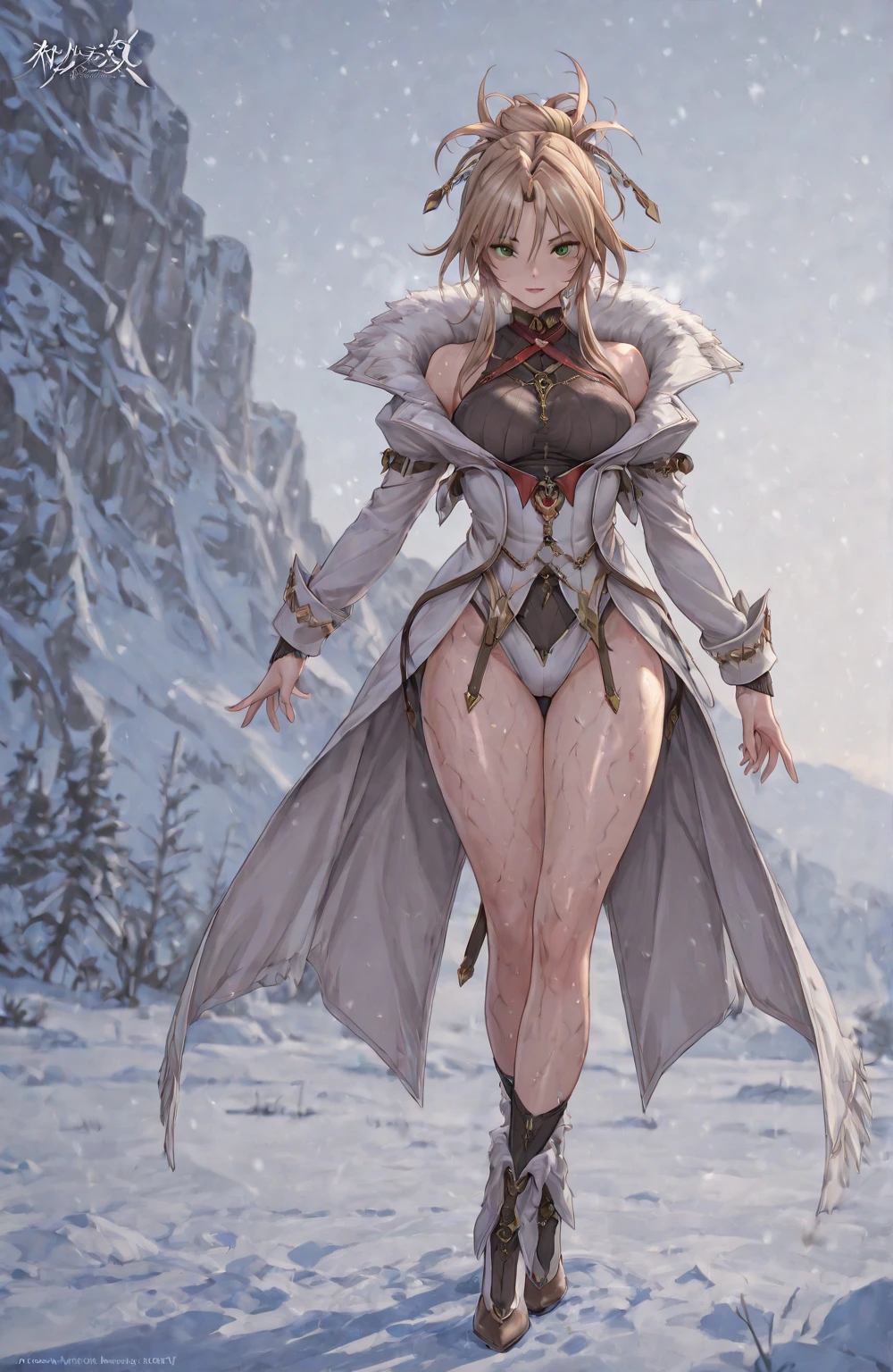 Masterpiece. Highly detailed. Beautiful artwork. Detailed lighting. Detailed background. Detailed women. Attractive women. NSFW. 1women. Nordic. Tall. Slim. medium length hair. blonde hair. Light blue eyes. Firm breasts. Milky White skin. Wolf fur cloak. Brown tight trousers. Small perky butt. Winter forest surroundings. Viking homes in the background.