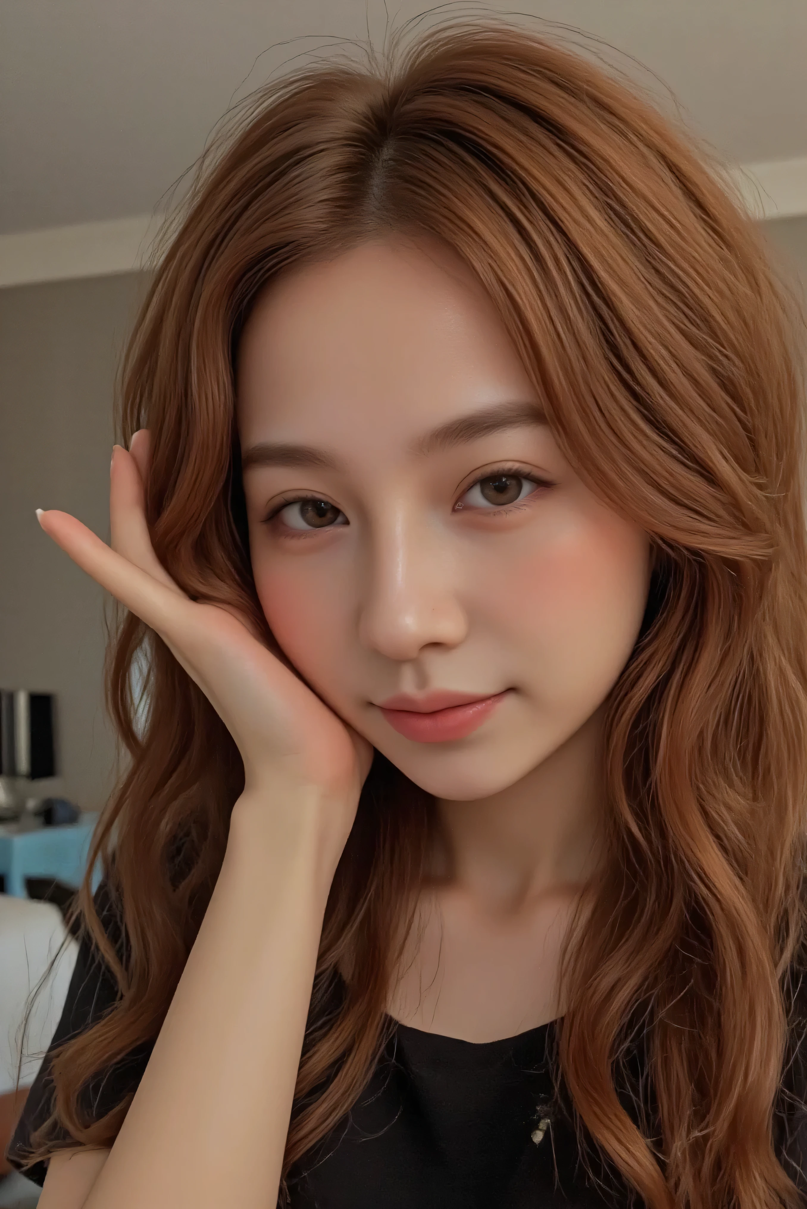 professional lighting,(photorealistic:1.4), (Top image quality:1.0), (超AHigh Resolution:1.0), 8k, Raw photosy, ( masterpiece:0.2),( highest quality Detail:1.2)、realistic、8K HD、High Resolution、(1 girl:1.2)、Super details、 High Quality Textures 、intricate details、 details、Very details CG、 High quality shadows 、 details Beautiful and delicate face、 beautiful details and delicate eyes 、(symmetrical eyes:1.2), marked on the boundary of the abyss、Ray Tracing,1 girl, Japanese girl,cute, Portraits of Japanese Women , happy smiles、teeth and laugh、 ( hotel room background:1.4)、Adding tranquility to the scene、Late Night、Rendered in a realistic style with great attention to detail, High Resolution images.Sky Porn, magic hour, (realistic:1.3), finely, (realistic:1.2), ( highest quality ), (Complex details), dramatic, Ray Tracing, photos, +roller、((She has black glasses ))、👓、big breasts、 Gold, highlight color hairstyle, curly hair,