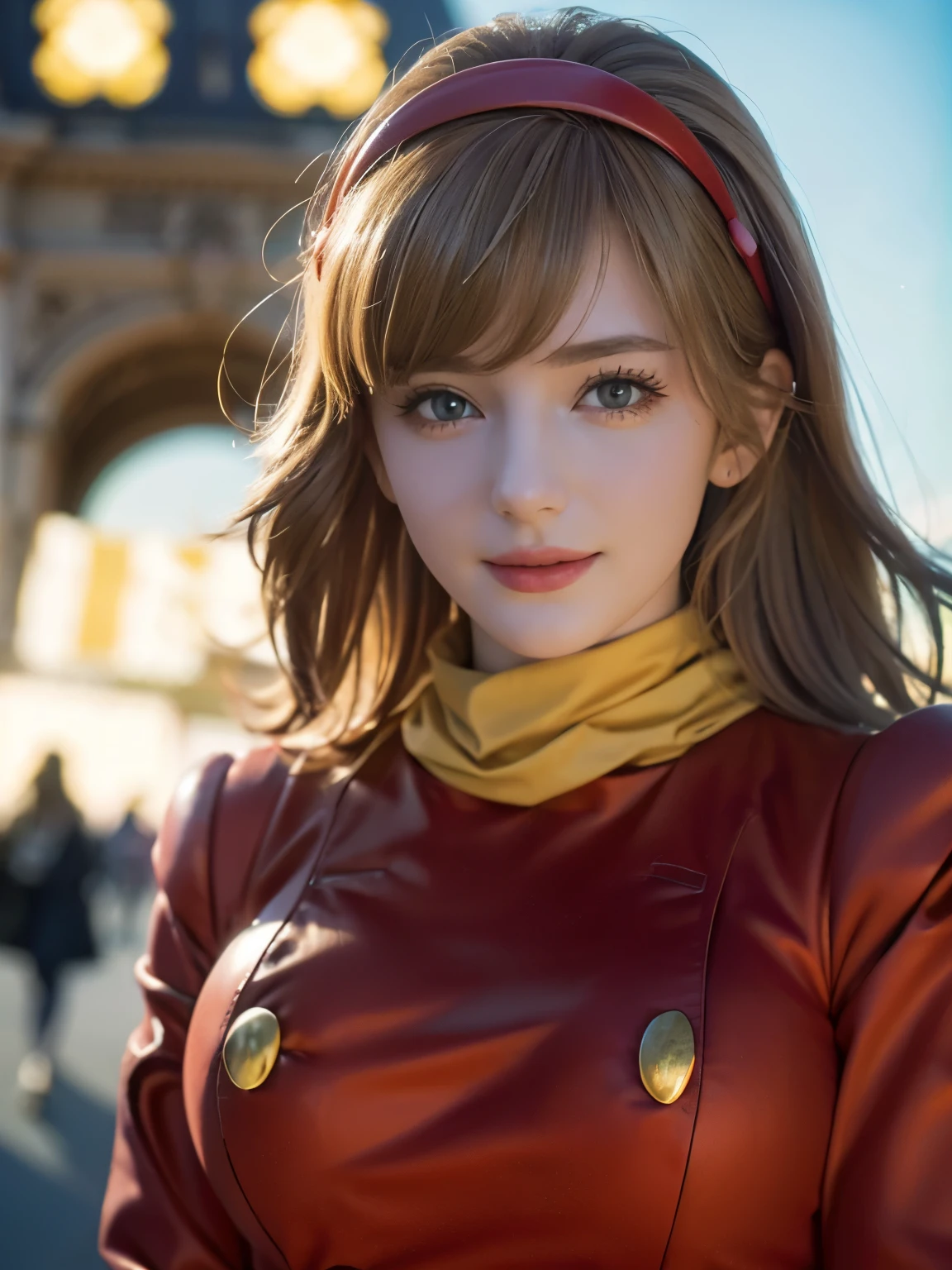 1girl, Alone, (cute french girl), 18yo, Young female, Low Height, slim body, (smile:1.2), Looking at camera,
break
(close up:1.3), (portrait:1.2), Dynamic Poses,
break
Professional photo-realistic images, (16k, RAW photo, best quality, masterpiece:1.2), (realistic, photo-realistic:1.4), (extremely detailed 8k wallpaper), sharp focus, depth of field, blur background, bokeh, cinematic lighting, soft light, High resolution 16k close-up of human skin,
break
perfectly round breasts,
break
FrancoiseArnoul, blond hair, medium hair, red hairband, ((red uniform)), long sleeves, belt, red pants, black boots, yellow scarf,
break
arafed view of a street with a arch and a sky background, arc de triomphe full of graffiti, traveling in france, by Etienne Delessert, arc, beautiful high resolution, paris, paris city, the city of paris, paris background, france, fine art piece, by Raphaël Collin, by Bernard D’Andrea