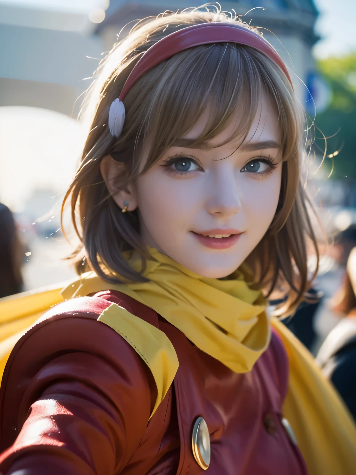 1girl, Alone, (cute french girl), 18yo, Young female, Low Height, slim body, (smile:1.2), Looking at camera,
break
(close up:1.3), (portrait:1.2), Dynamic Poses,
break
Professional photo-realistic images, (16k, RAW photo, best quality, masterpiece:1.2), (realistic, photo-realistic:1.4), (extremely detailed 8k wallpaper), sharp focus, depth of field, blur background, bokeh, cinematic lighting, soft light, High resolution 16k close-up of human skin,
break
perfectly round breasts,
break
FrancoiseArnoul, blond hair, medium hair, red hairband, ((red uniform)), long sleeves, belt, red pants, black boots, yellow scarf,
break
arafed view of a street with a arch and a sky background, arc de triomphe full of graffiti, traveling in france, by Etienne Delessert, arc, beautiful high resolution, paris, paris city, the city of paris, paris background, france, fine art piece, by Raphaël Collin, by Bernard D’Andrea