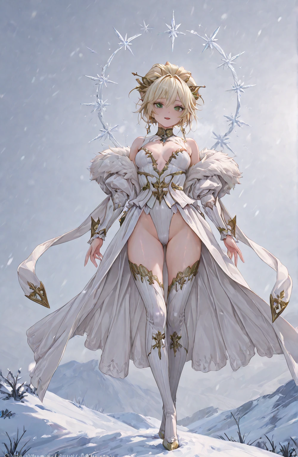 nsfw:1.1, high resolution:1.7, incredibly absurdres, kawaii:1, cute:1.5, hires.fix, incredibly fine illustration,8k,masterpiece:1.2,best quality, high quality, exquisite, beautiful, insanely detailed, intricate detailed, extremely detailed, Super Definition, ultra high res, Super Resolution, best aesthetic, ultra detailed:1.5, best quality, perfect face, detailed face, masterpiece:1.2, illustration:1.2, 8k cg wallpaper, stunning art,absurdres,octane render,ultra hires,1girl,cute elf,shinylips,waist slender,((anime elf with extremely cute and beautiful blond hair)),((((blond hair:1.35,undercut blond hair,short hair,colored inner hair,ear breathing)))),(((green_eyes:1.3))),intricate eyes,beautiful detailed eyes,symmetrical eyes,big eyes:1.5,enchanting bright eyes studded with gold and silver dust,(((pinky skin,glowing_skin,lustrous skin:1.5,bright skin: 1.5,skin tanned,shiny skin,very shiny skin,shiny body,plastic glitter skin,exaggerated shiny skin,illuminated skin))),upward breasts,(detailed body,(detailed face)),cute,daring,zettai ryouiki,show skin,best relationship with four fingers and one thumb,((girl trembling with sexual climax))
Break (((aqua fur coat, aqua fur coat outfit, wearing a ice dress:1.3,aqua winter coat))),((ice dress,elegant ice dress)),torn clothes,broken clothes,(((pussy))), kupaa,show off pussy,((spread pussy)),(embarrassed), 
(white gloves,white clothes,(((intricate outfit,intricate clothes,embroidered outfit,ornate outfit,embroidered clothes,ornate clothes))),(dynamic pose:1.0),embarrassed,(centered,scale to fit dimensions,Rule of thirds),((snowy pine forest)),winter,scenery:1.25,((intricate scenery)),((snow forest background)),(Glossy winter ornaments),highres,sharp focus,(ultra detailed,extremely detailed),(photorealistic artwork:1.37),(extremely detailed CG unity 8k wallpaper),(((vibrant colors,vibrant theme))),(intricate),full body,(perfect body),standing, (purple fire:1.5), (holding purple flame sword:1.5), (holding white energy sword:1.