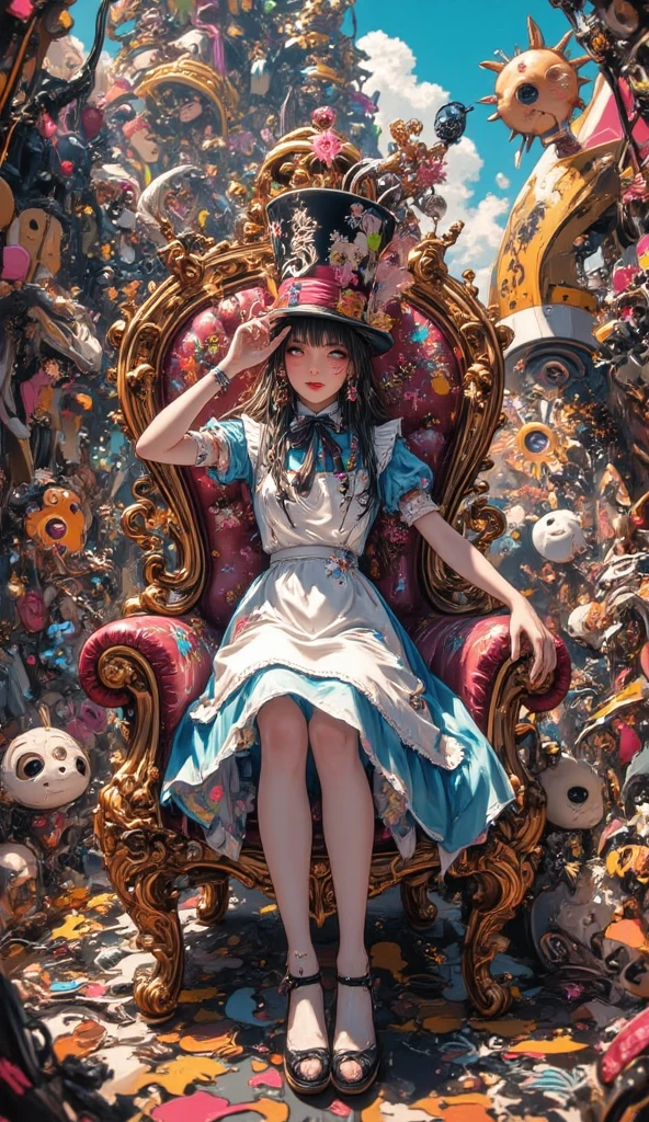 1girl, Melanie Martinez dancing around on the floor beautifully in her new music video titled, "Trickster", (1boy, stone statute, of a tall Godly man, dressed like a jester King, sitting on a giant throne), whimsical setting, wonderland inspired, magical, nature, nymph,rebirth, elements of free consciousness, realistic, CGI, highest quality, cinematic,bright vibrant tones,