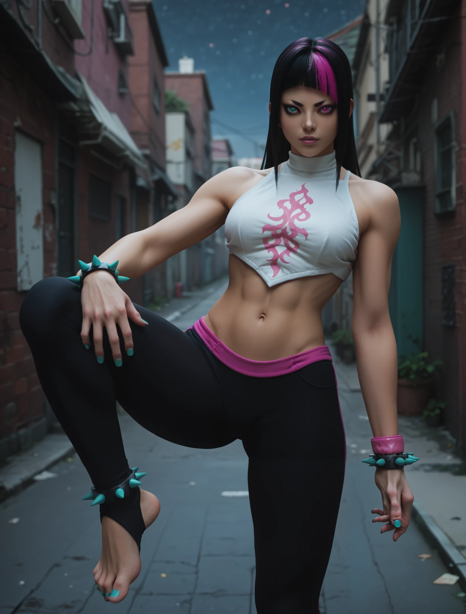 ((juri han)), ((JuriBO)), ((masterpiece)), ((high resolution)), ((solo portrait)), {(attractive figure), (toned body), (beautiful legs), (pretty feet), (turquoise nails), (long black hair), (straight hair), (hime cut), (pink dyed bangs), (heterochromia), (pink and turquoise eyes)}, {(white duduo top), (sleeveless), (navel), (stirrup yoga pants), (spiked bracelet)}, {(leg raised)}, ((city alleyway)), ((nighttime)), ((starry sky))