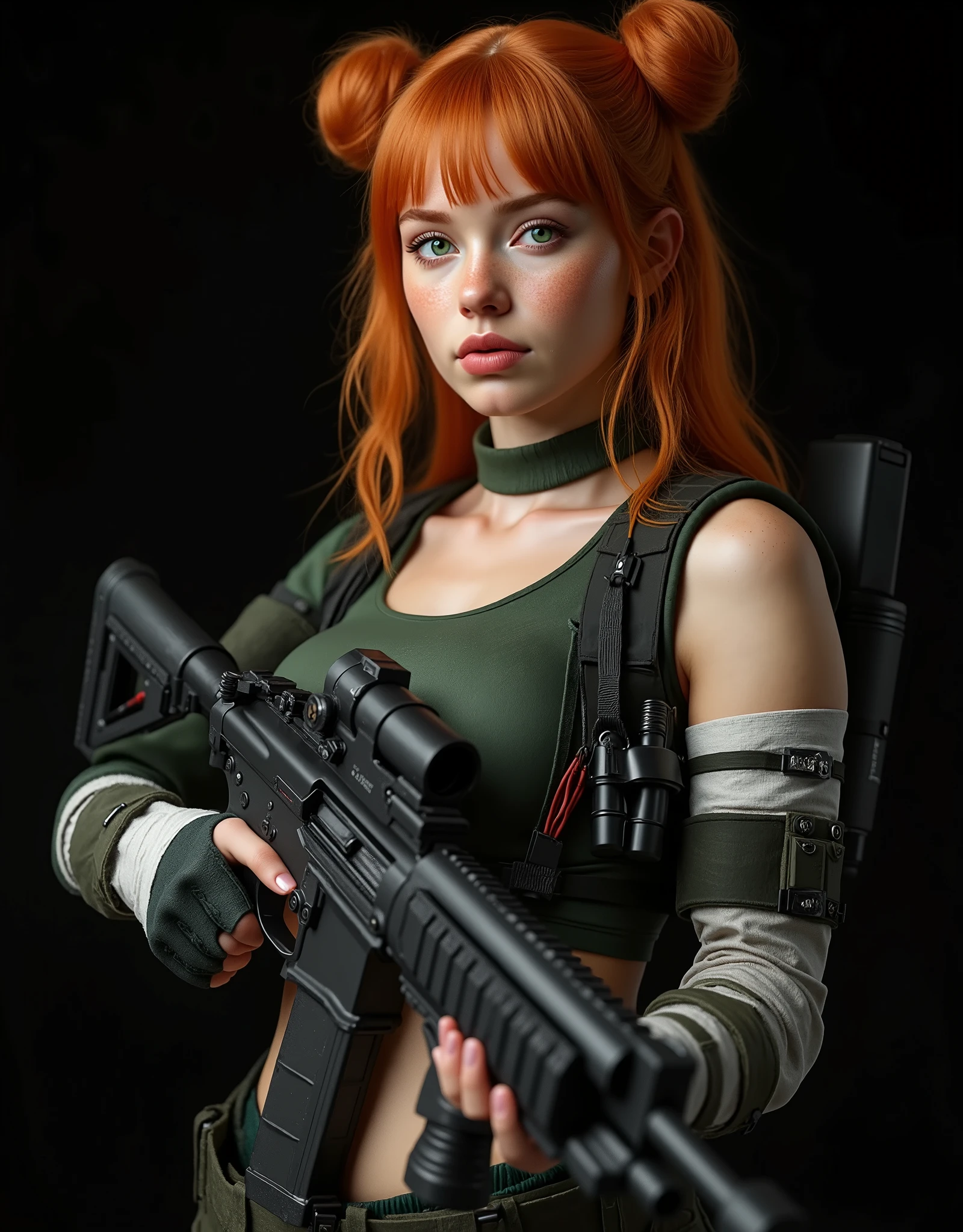 ((artwork, highest quality, A maximum image quality, high resolution, photorealistic, CRU photo, 8k)),(best quality, 4k, high resolution, masterpiece: 1.2), ultra detailed, (realistic, photorealistic: 1.37), creates a perfect image of a futuristic space marine girl, image of the bust from the head to the waist, heavy tactical assault combat suit, parts of the combat suit are made of black and gray carbon fiber, suit in bright white and gray, dirty and worn by combat, very technological, perfect image, 8k, of a woman with orange-red hair with two buns on each side of her head, very long and disheveled hair, with bangs, very detailed hair, futuristic black microphone headphones, greenish-gray eyes, detailed and beautiful eyes, very realistic and inquisitive eyes, very beautiful, divine beauty, long eyelashes, thick and pink lips, wet lips and half-open, calm and relaxed expression, she is a warrior woman, stares into the camera lens, highly detailed skin, massive breasts, sagging breasts, forearm and wrist guards with light armor, flat abdomen. She wields a Heckler & Koch G36 assault submachine gun with x4 reflex sight and silencer. Right arm with a bandage with blood from a wound, bullet impacts on her armor. She carries grenades and spare ammunition. Belts with extra ammunition, She is preparing for another furious combat, 8k resolution. Defiant side pose to observer, Dynamic pose. Image with pure black background ideal for wallpaper.