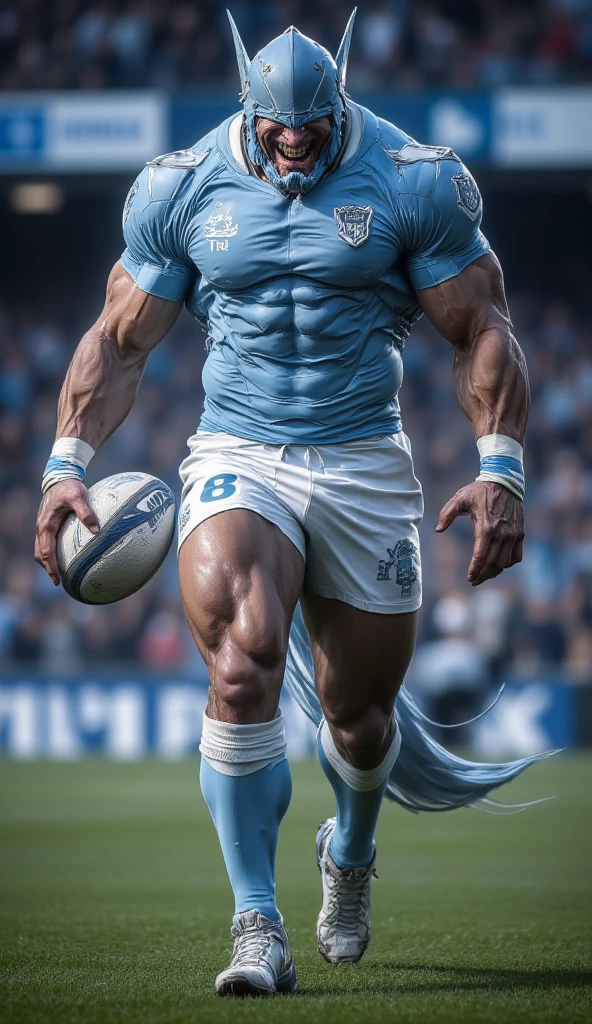 full body view, one young bodybuilded white soccer guy with blue mohawk haircut and shaved around, shirtless, showing off his disproportionately over-inflated pecs and biceps, in blue shiny spandex shorts showing off massive muscled legs , in white filthy stained soccer socks , no shoes, tattooed, silver chains, sitting alone in his white filthy socks on football field, looking happy and exhausted, a stadium full of jubilant spectators, his white socks must be seen