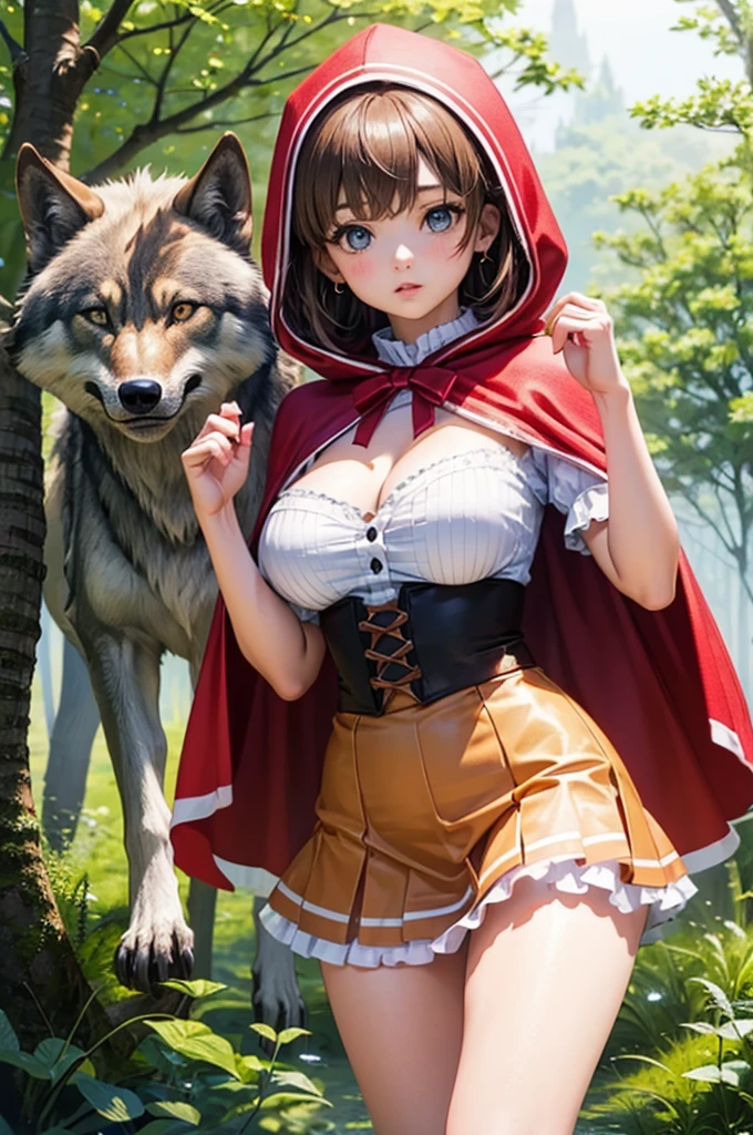 European Beautiful Girl、(Super beautiful)、(beauitful face:1.5)、(A detailed face)、( Little Red Riding Hood sitting on a chair in a forest hut)、(Wearing a red hood:1.2)、(with spreading legs:1.2)、(Show me my white panties from under my skirt:1.1)、(Red mini skirt)、(middlebreasts)、(Dressing)、(wolf next to her:1.7)、(At SFW:1.5)