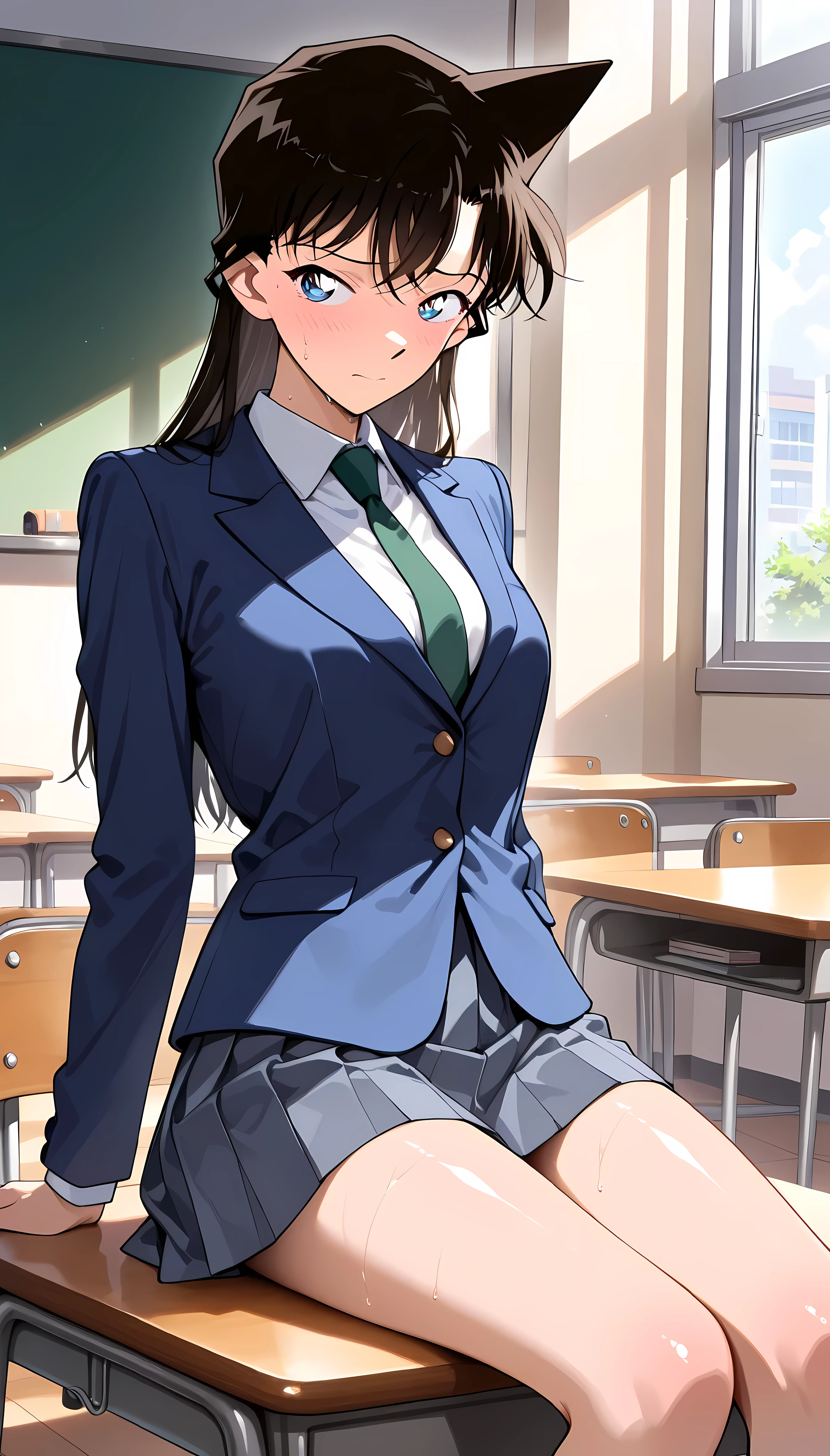 (masterpiece,best quality:1.2,amazing quality,very aesthetic,absurdres,newest),full-color, (mouri ran , meitantei conan),Alone, 1woman,(adult),(very small head:1.2),medium breasts,(ideal ratio body proportions:1.2,slender body:1.3,thin:1.2),black long hair,embarrassed,shiny skin,sweat,school uniform,blazer,green tie,pleated skirt,ssitting,classroom,