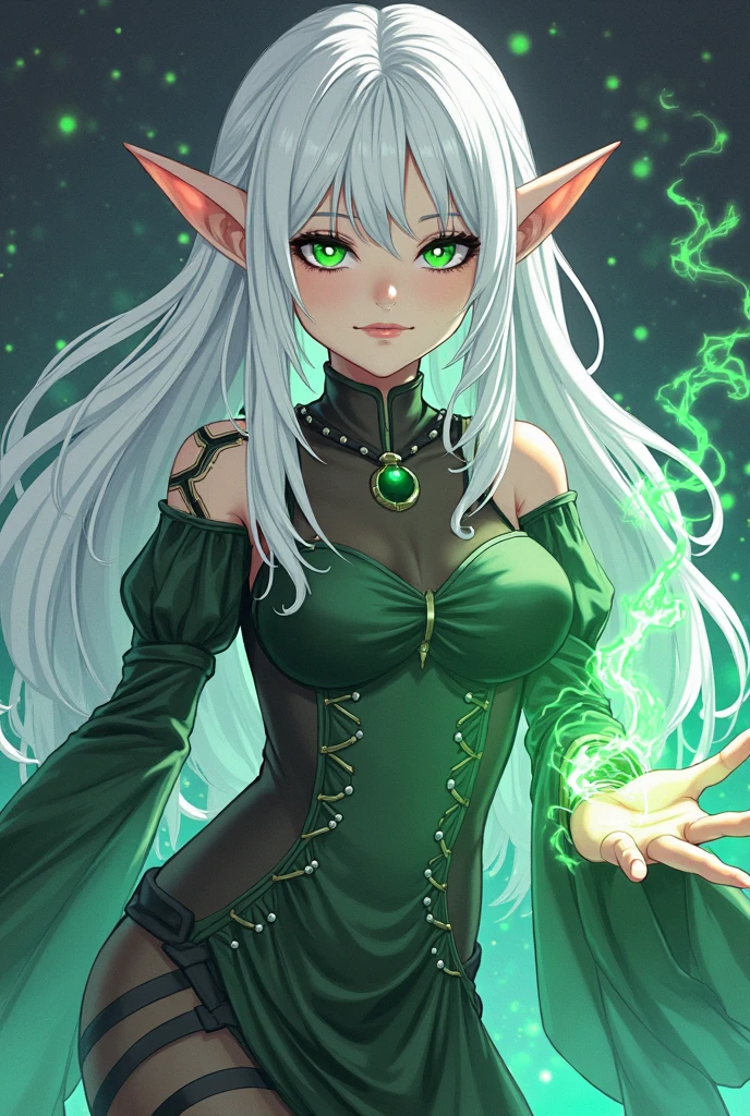 beautiful, (Best Illustration), 8k resolution, Intricate details, best quality, Practical, Super detailed, Optimal lighting, Best shadows, Ultra HD,), (Glittering red eyes), (Glowing eyes), ((((Black long hair: 1.1))), ((Dark green clothes)), (Queen (indifferent expression), , (((Wearing a high-detail luxurious green robe))),, Starry night sky, Meteorite fall, Elf ears, ((White skin)), There is a dragon horn on the forehead, Surrounded by dragons