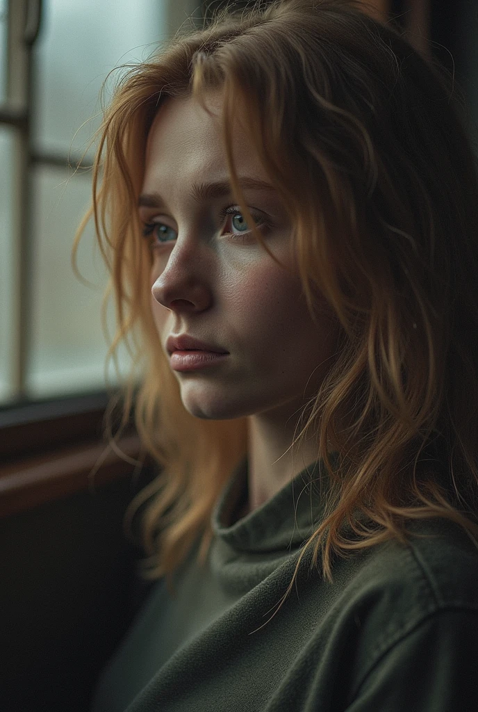 1woman,in the dark, film grain, award winning photo, (green tint:0.5), looking to the side, redhead