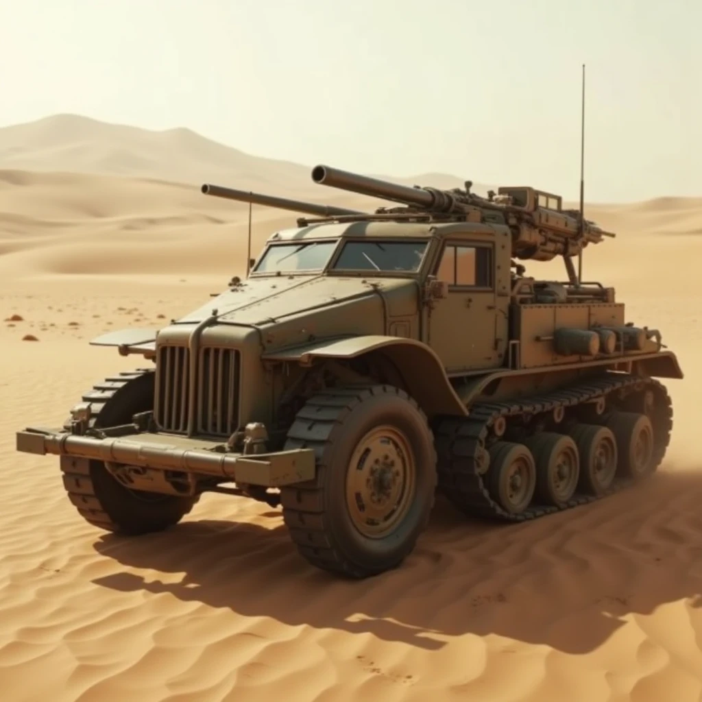 WWII German Half-track、A long-range gun mounted on a carrier.Lightly Armed, Light Armor, Military Vehicles, Military weapons, Military equipment, Camouflage,desert、caterpillar、crawler track、