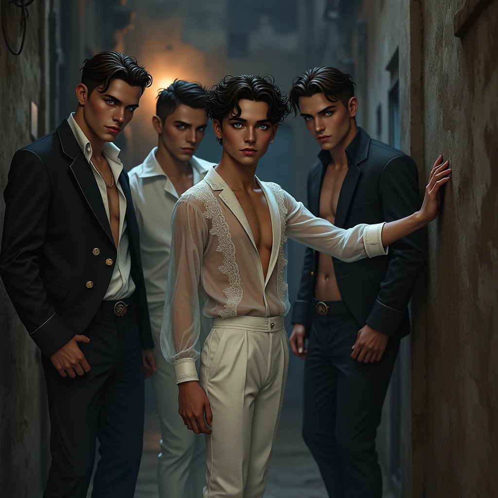 three men in tan suits and bow ties posing for a picture, costumes from peaky blinders, by Galen Dara, dystopian retro 1920s vibe, three futuristic princes, slick hair, cute boys, peaky blinders gang, by Emma Andijewska, music video, editorial photograph, fan art, portrait shot, unbroken, cool looking