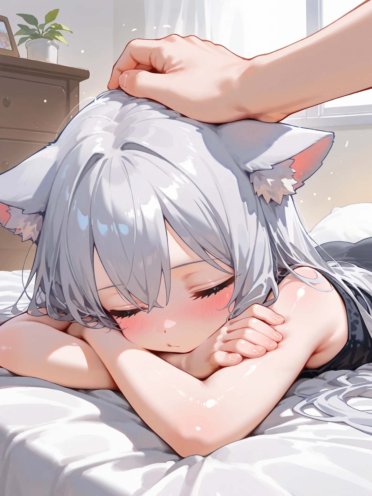top-quality、hight resolution、detaileds、Beautiful girl with wolf ears and tail、beautiful Girl、white short-haired、lightly dressed、Curled up in bed and sleeping、Adventurer's Inn、