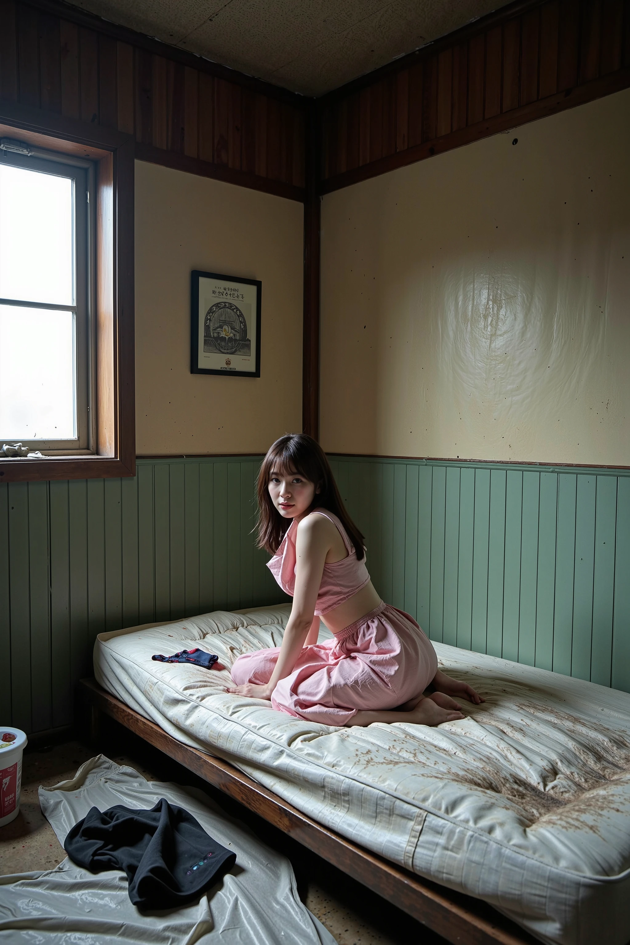 NSFW,
Clear photo,
Photo taken by a professional photojournalist,
Photographed in a dimly lit room using a flash,
Photographed from the front of the girl,
Photographed from above the girl,
Photographed with a wide-angle lens,

ung girl,

Young Korean girl,
The girl is sitting on a mattress and looking at the customers who come in,
The girl is wearing a lewd dress,
The girl is 100% lewd,

Dirty clothes,
Very dirty,
Tattered clothes,
The girl is a former idol and now the cheapest prostitute in the slums,

A room in a shack in a slum in Seoul,
The floor is covered with plastic sheets,
A very dirty and thin single mattress is laid on the plastic sheet floor,
A small room that is just big enough for one person to sleep in,
The ceiling in the room is very low,
(There are no windows in the room),
The room is very dirty,
The wallpaper is torn,
There are traces of rainwater leaking,
The floor is littered with garbage,
There is no furniture that looks like furniture,
The girl's clothes and daily necessities that look like garbage are scattered around,
The girl lives in this room,
The girl is prostituting herself here,