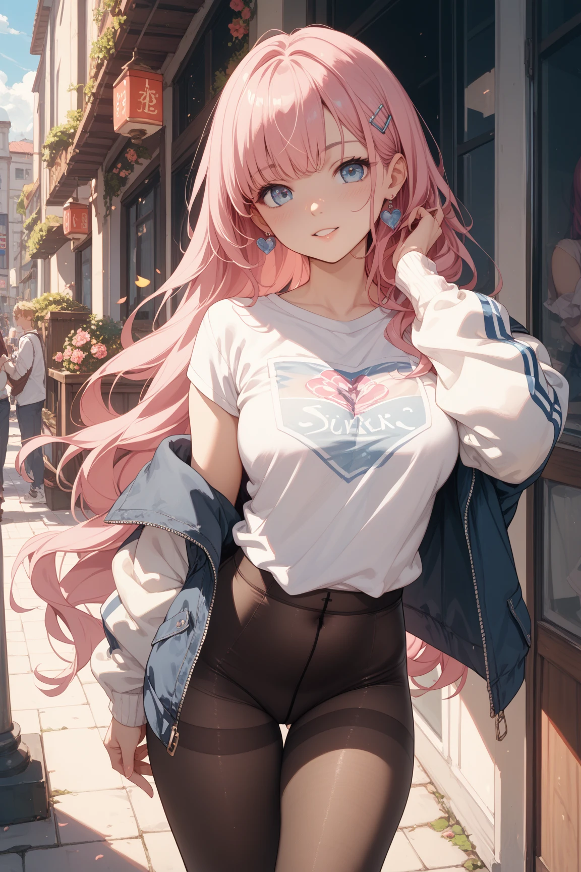 high quality, anime style, 1girl, solo, young girl, long pink hair with blue and curly ends, makeup, light pink lipstick, casual outfit, blue eyes, huge breasts, big fat ass, thick thighs, angry face