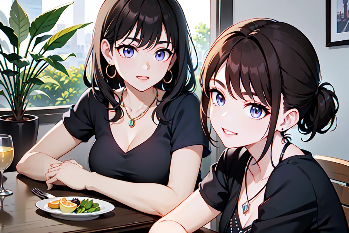 Photorealistic、Highest quality、Highest Resolution、Highest quality、8K、Beautiful woman、Bob Cut Hair、Dark Hair Color、smile、Smile、looks fun、bar、wine、cheers