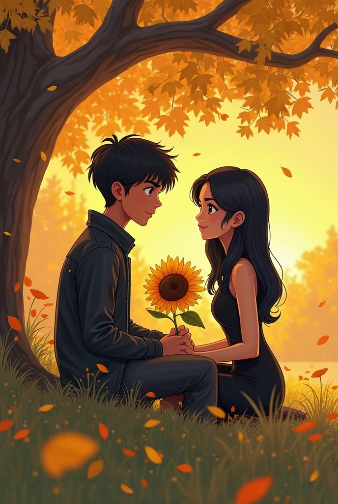 Believe me couple man black hair black beard white skin light brunette girl black hair with bangs Disney pixal sunflowers background