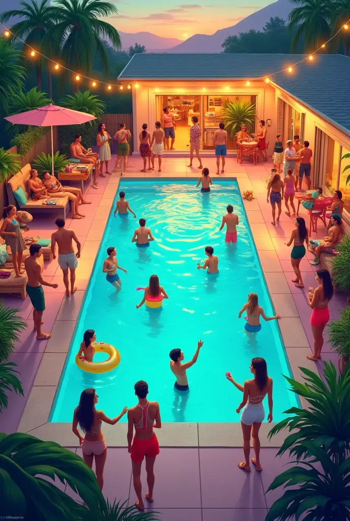 Pool party, many people, a beautiful detailed fantasy pool party scene, expensive luxury residence, people in swimsuits drinking and enjoying music, fireworks in the night sky, deep reflective pool water, highly detailed digital painting, photorealistic, masterpiece, vibrant colors, dramatic lighting, cinematic, intricate details