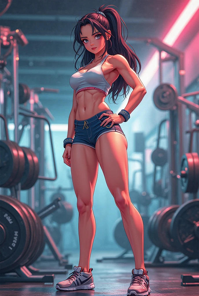 (masterpiece, best quality: 1,2), 1girl, solo,standing_split, Yuuki Mikan, long hair remaining on the floor, short black sleeveless vest, pink skirt, black, completely realistic, realistic face, perfect face, perfect eyes, showing her cut pussy through her panties, tired, tired expression, sweaty, all wet of sweat, naughty eyes. big thighs, super curvy, gigantic 