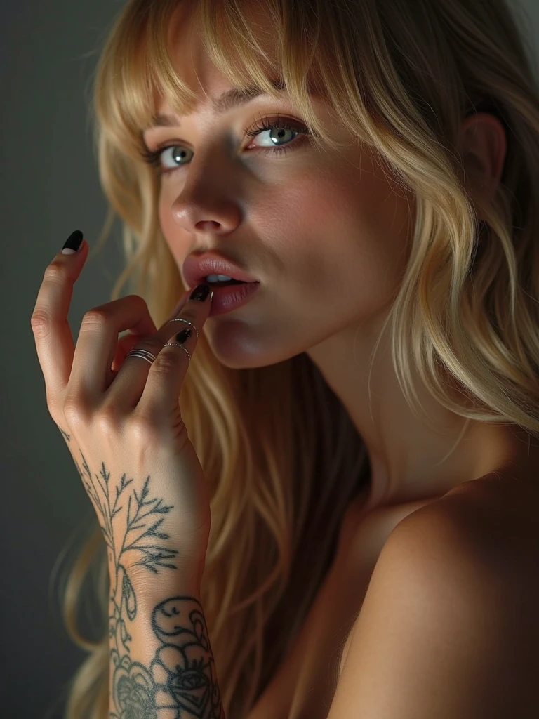 ((best qualityer)), ((work of art)), (detailded), ((Ultra Real)) fighter german sexy girl blonde hair fucked pircing, Many tattoos , serious face, is angry, brass knuckles in hands, dark surroundings,