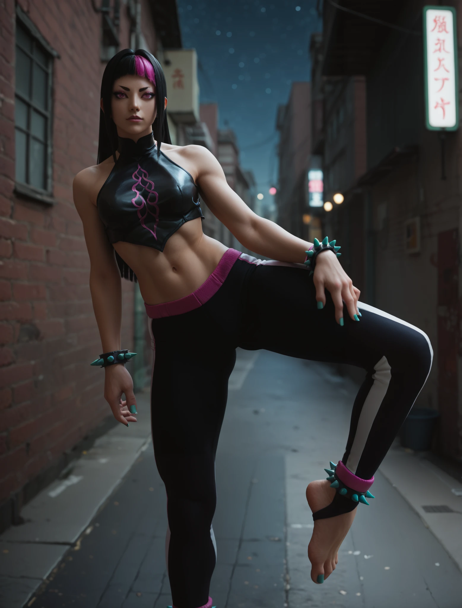 ((juri han)), ((JuriBO)), ((masterpiece)), ((high resolution)), ((solo portrait)), {(attractive figure), (toned body), (beautiful legs), (pretty feet), (turquoise nails), (long black hair), (straight hair), (hime cut), (pink dyed bangs), (heterochromia), (pink and turquoise eyes)}, {(white duduo top), (sleeveless), (navel), (stirrup yoga pants), (spiked bracelet)}, {(leg raised), (head tilted up), (looking down at viewer)}, ((city alleyway)), ((nighttime)), ((starry sky))